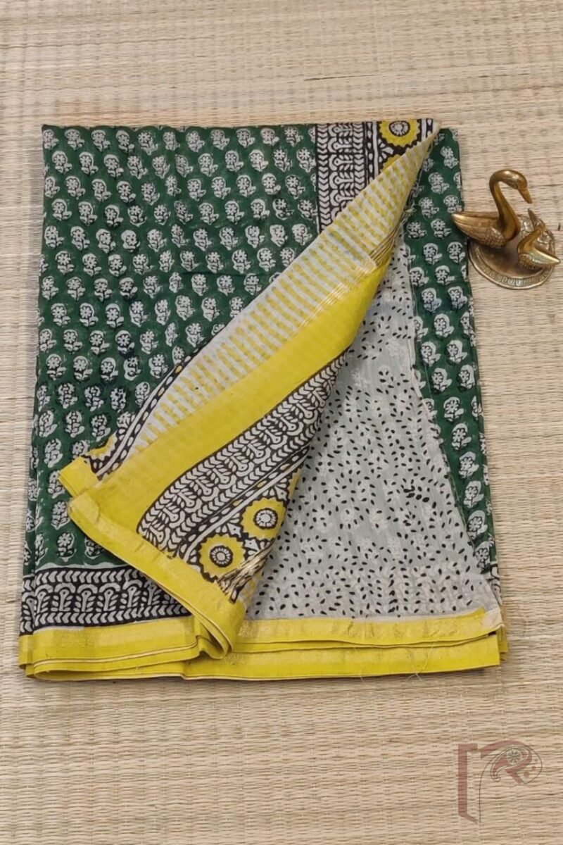 Chanderi Charisma - Dark Green Chanderi Silk Saree with Black Floral Stem Motifs, Cream Pallu with Yellow-Accented Kairi Print, and Dash Printed Blouse