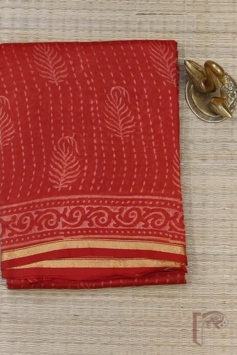 Chanderi Charisma - Red Chanderi Silk Saree with Peach Leaf and Stitch Motifs, Printed Border, and Coordinated Blouse - Image 2