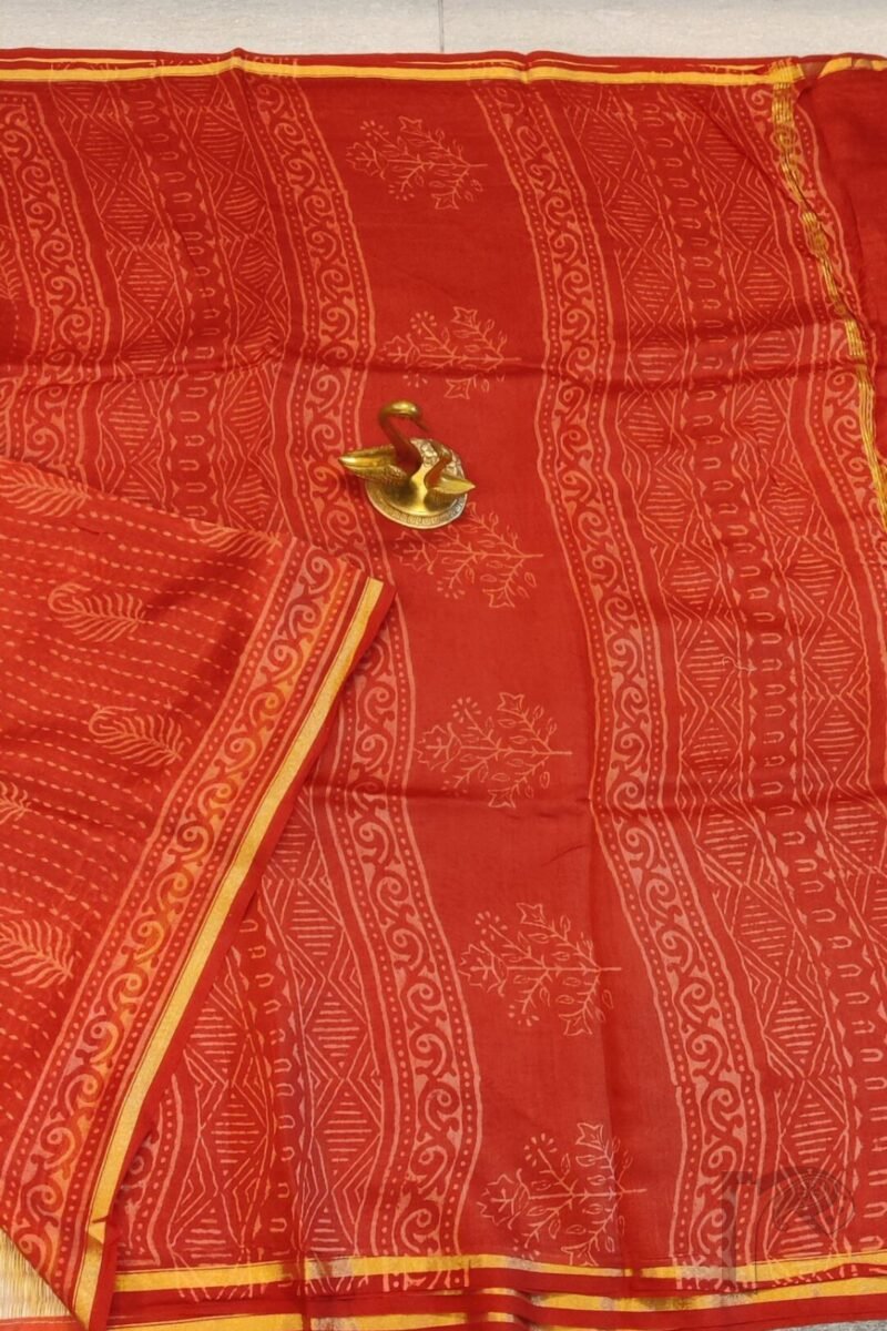 Chanderi Charisma - Red Chanderi Silk Saree with Peach Leaf and Stitch Motifs, Printed Border, and Coordinated Blouse - Image 3