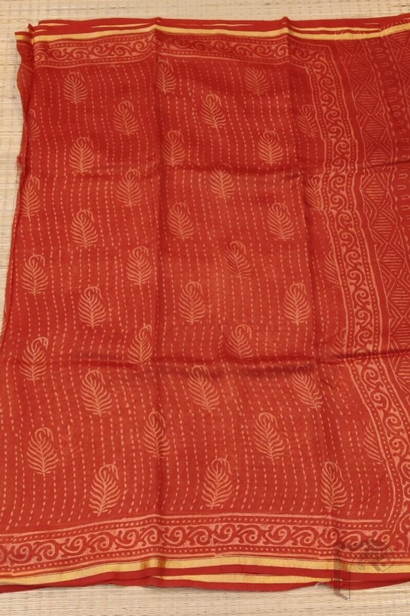 Chanderi Charisma - Red Chanderi Silk Saree with Peach Leaf and Stitch Motifs, Printed Border, and Coordinated Blouse - Image 4