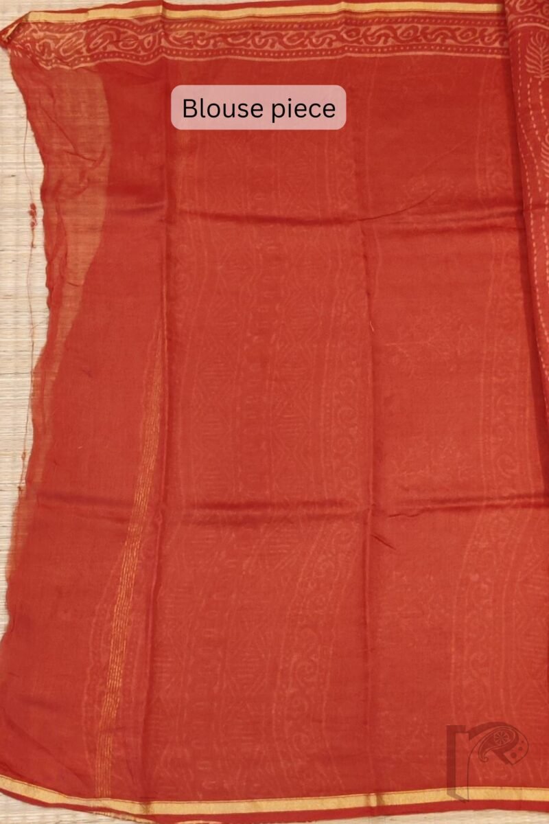 Chanderi Charisma - Red Chanderi Silk Saree with Peach Leaf and Stitch Motifs, Printed Border, and Coordinated Blouse - Image 7