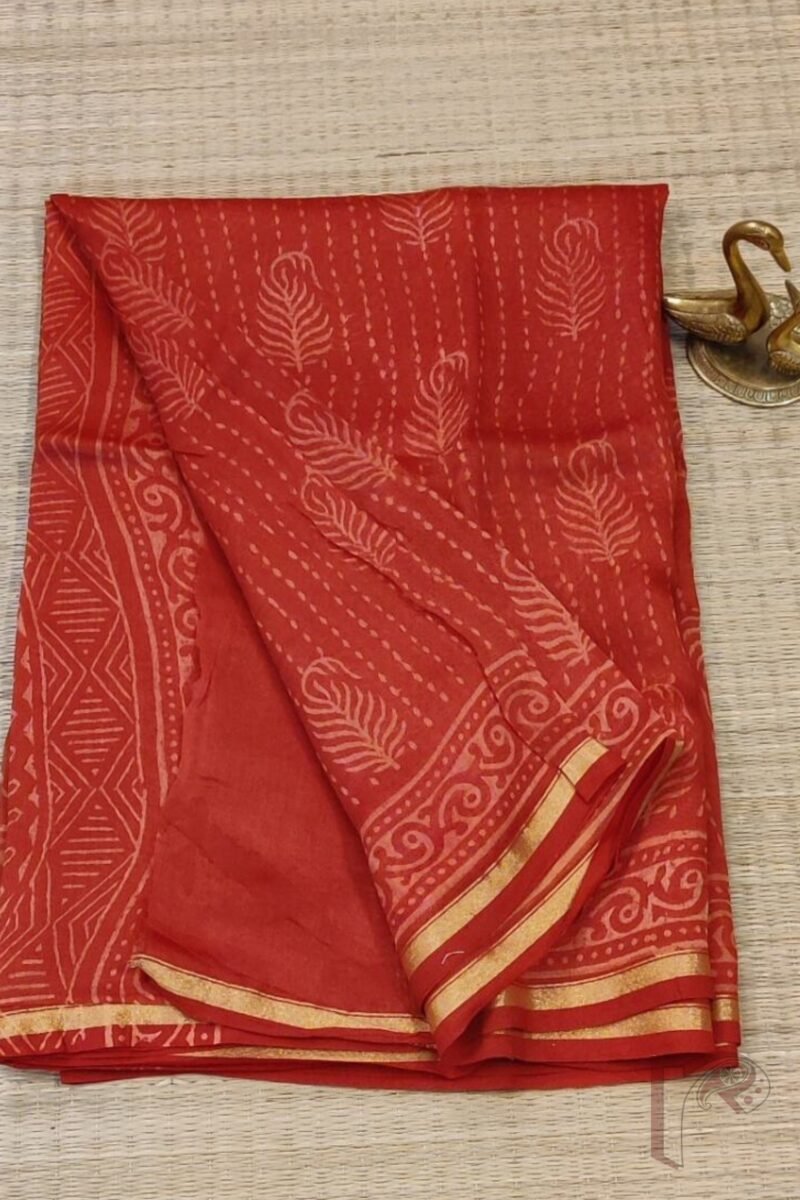 Chanderi Charisma - Red Chanderi Silk Saree with Peach Leaf and Stitch Motifs, Printed Border, and Coordinated Blouse