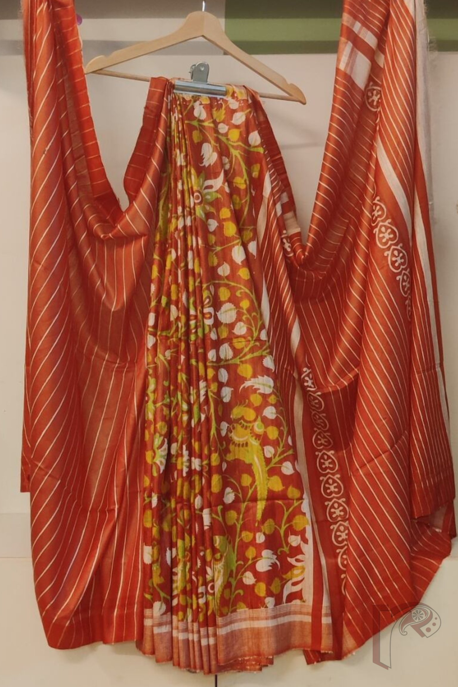Tussar Tales - Red and Cream Gicha Tussar Silk Saree with Multicolour Kalamkari Bird and Floral Motif and Pinstripe Pallu - Image 2