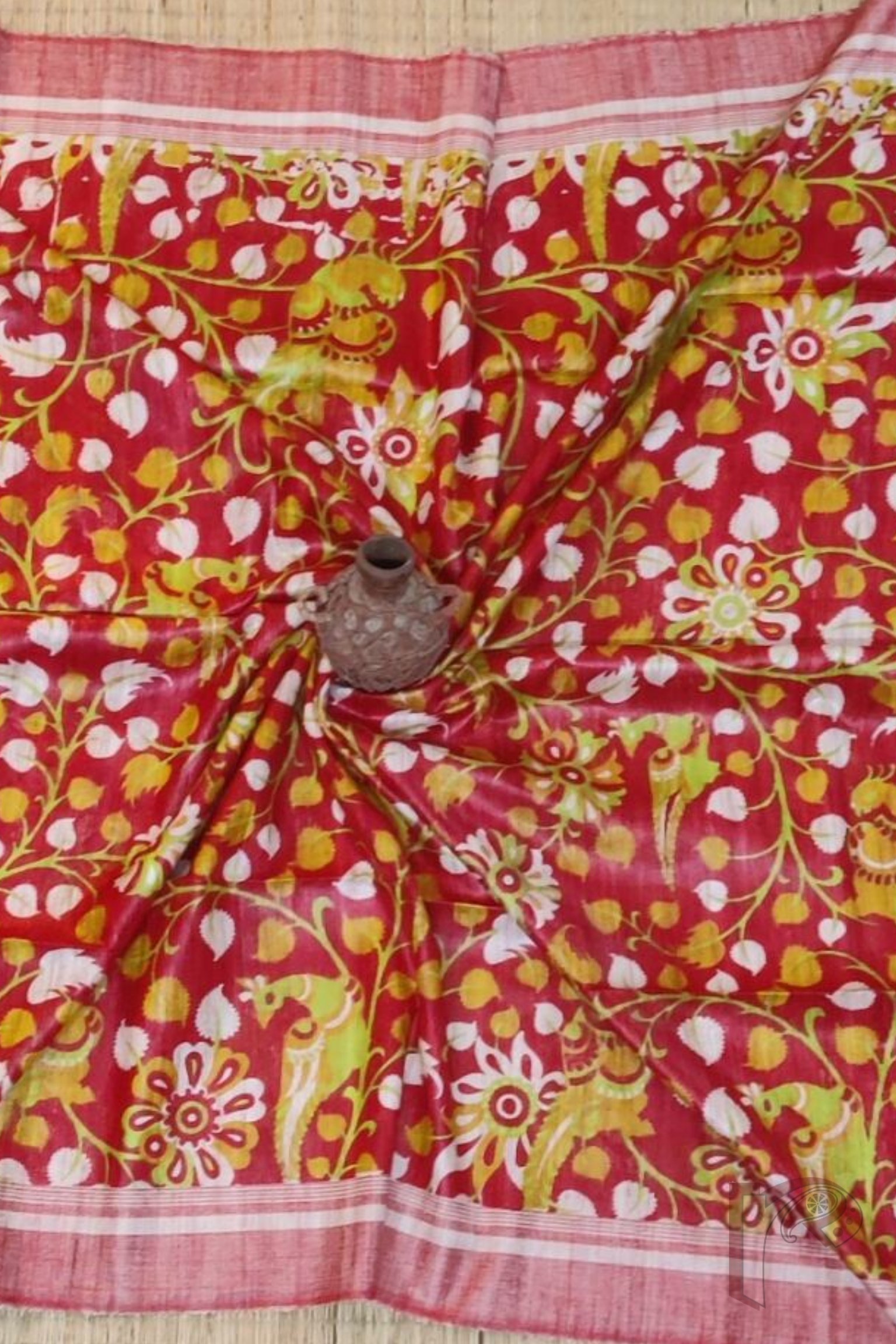 Tussar Tales - Red and Cream Gicha Tussar Silk Saree with Multicolour Kalamkari Bird and Floral Motif and Pinstripe Pallu - Image 3