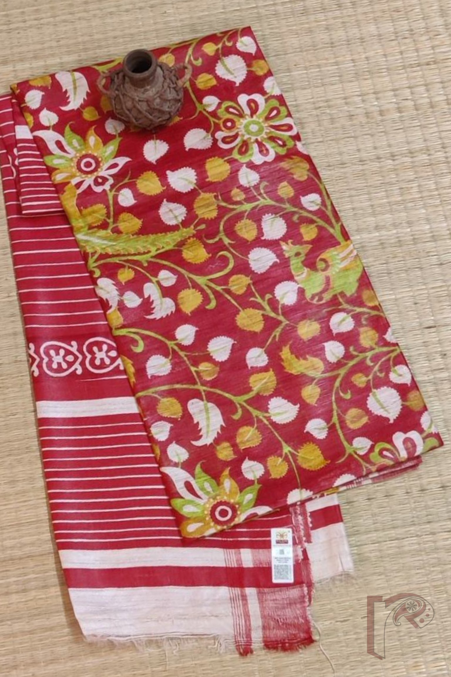 Tussar Tales - Red and Cream Gicha Tussar Silk Saree with Multicolour Kalamkari Bird and Floral Motif and Pinstripe Pallu