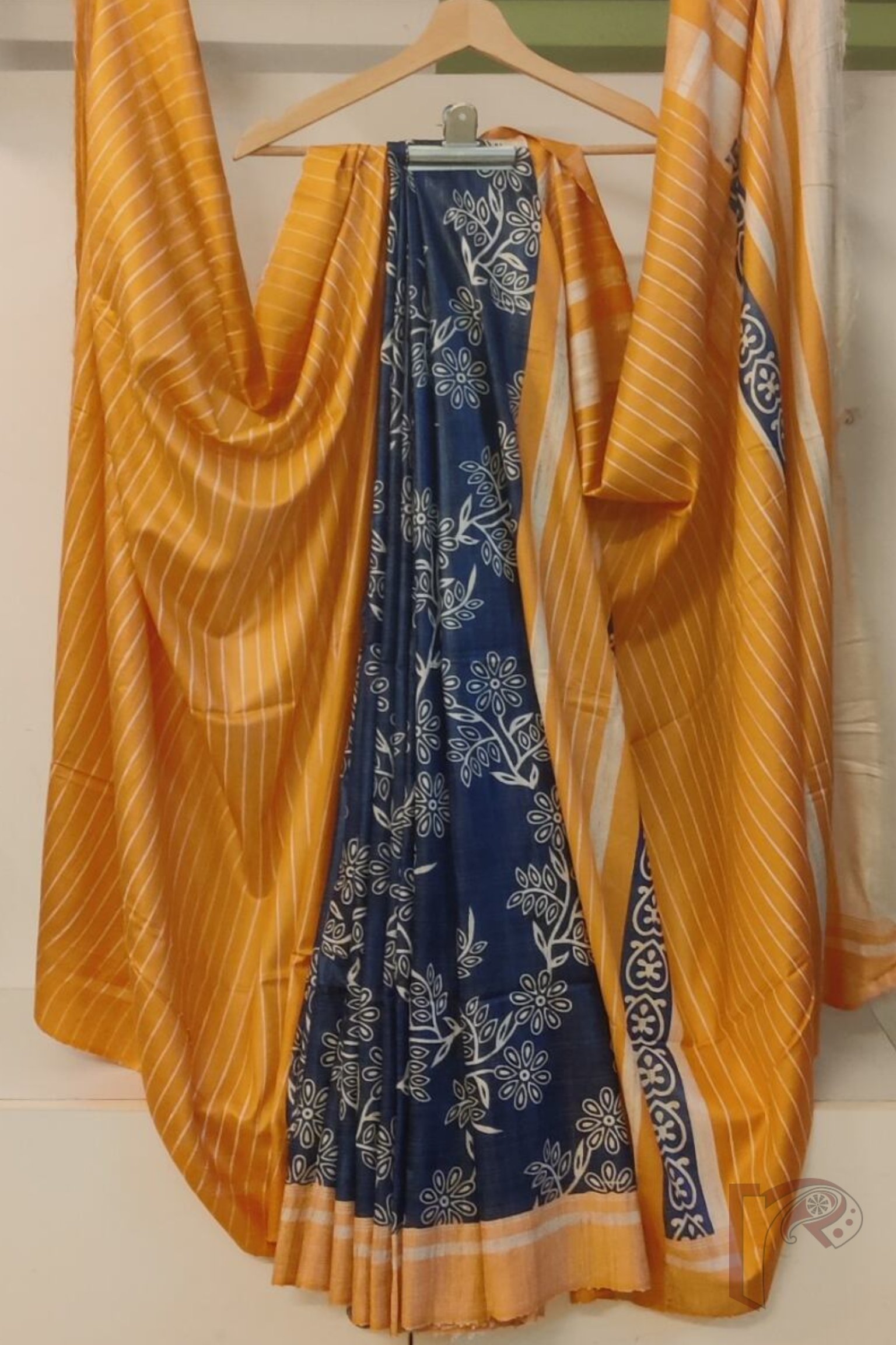 Tussar Tales - Cobalt Blue and Orange Gicha Tussar Silk Saree with Cream Floral Block Print and Orange-Cream Striped Pallu - Image 2