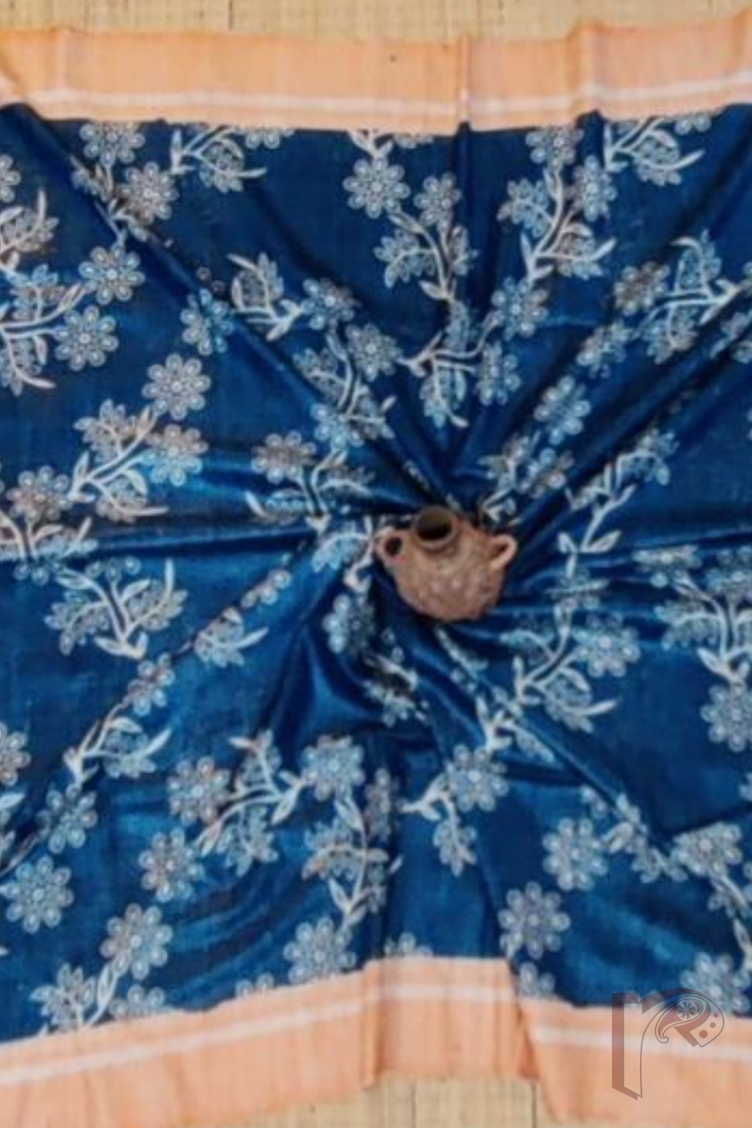 Tussar Tales - Cobalt Blue and Orange Gicha Tussar Silk Saree with Cream Floral Block Print and Orange-Cream Striped Pallu - Image 3