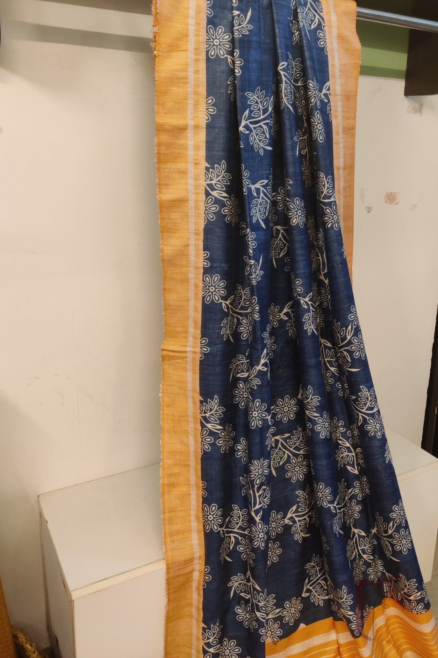 Tussar Tales - Cobalt Blue and Orange Gicha Tussar Silk Saree with Cream Floral Block Print and Orange-Cream Striped Pallu - Image 4
