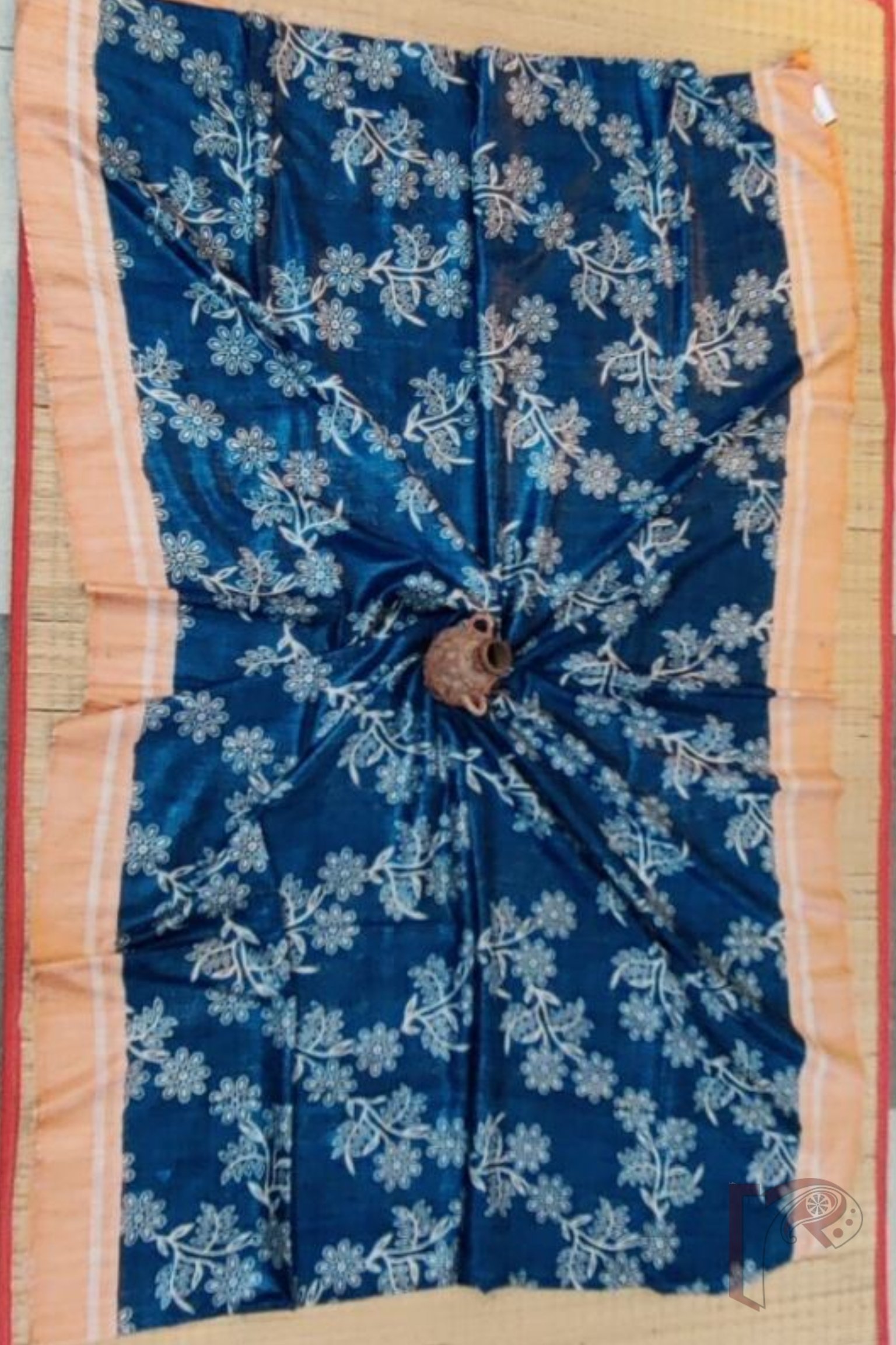 Tussar Tales - Cobalt Blue and Orange Gicha Tussar Silk Saree with Cream Floral Block Print and Orange-Cream Striped Pallu - Image 5