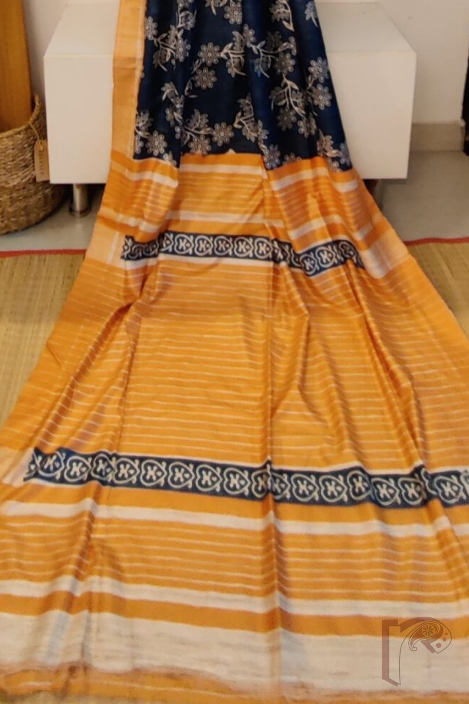 Tussar Tales - Cobalt Blue and Orange Gicha Tussar Silk Saree with Cream Floral Block Print and Orange-Cream Striped Pallu - Image 6