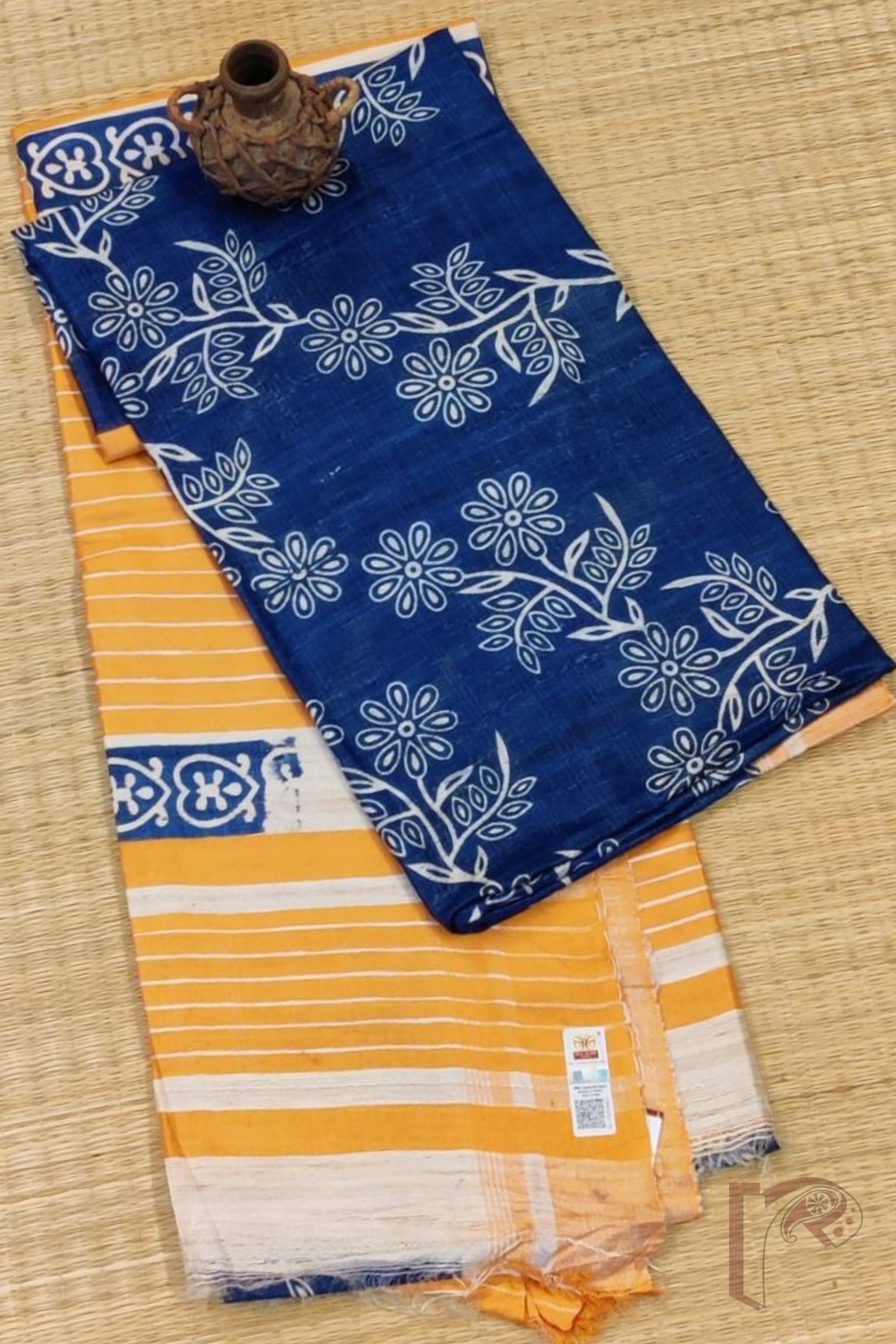 Tussar Tales - Cobalt Blue and Orange Gicha Tussar Silk Saree with Cream Floral Block Print and Orange-Cream Striped Pallu
