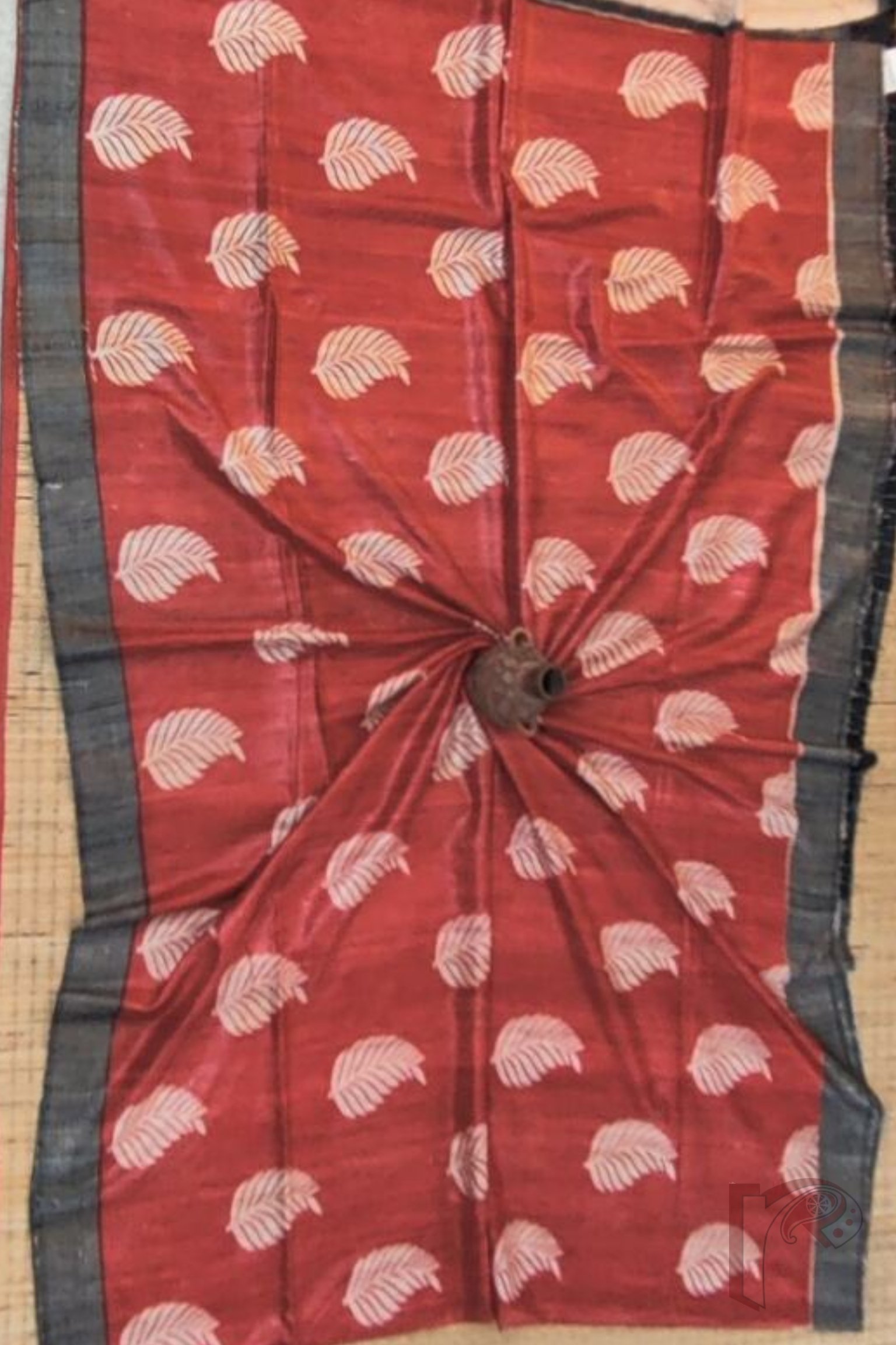 Tussar Tales - Red and Grey-Black Gicha Tussar Silk Saree with Cream Leaf Block Print and Black-Cream Pinstripe Pallu - Image 5