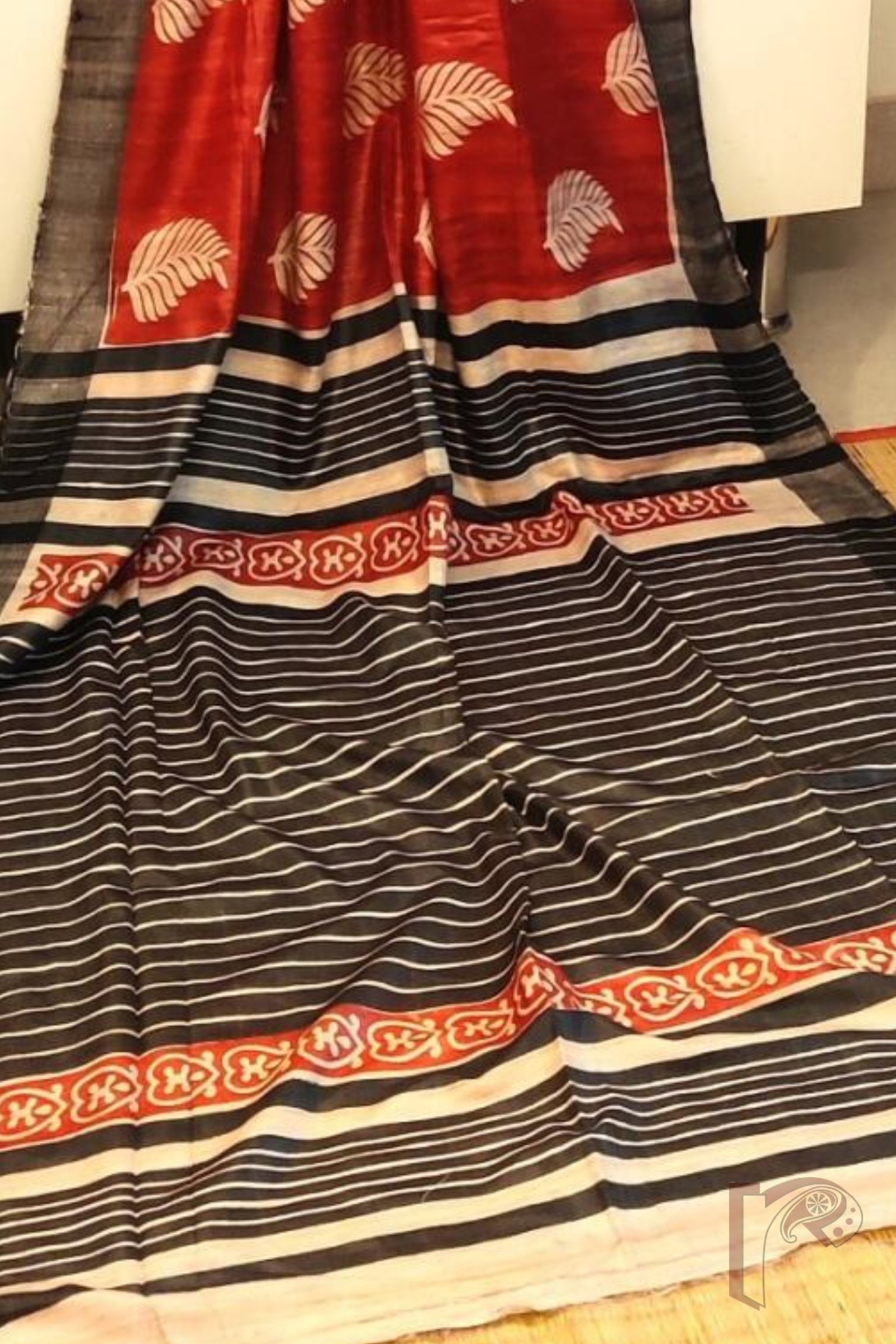 Tussar Tales - Red and Grey-Black Gicha Tussar Silk Saree with Cream Leaf Block Print and Black-Cream Pinstripe Pallu - Image 6