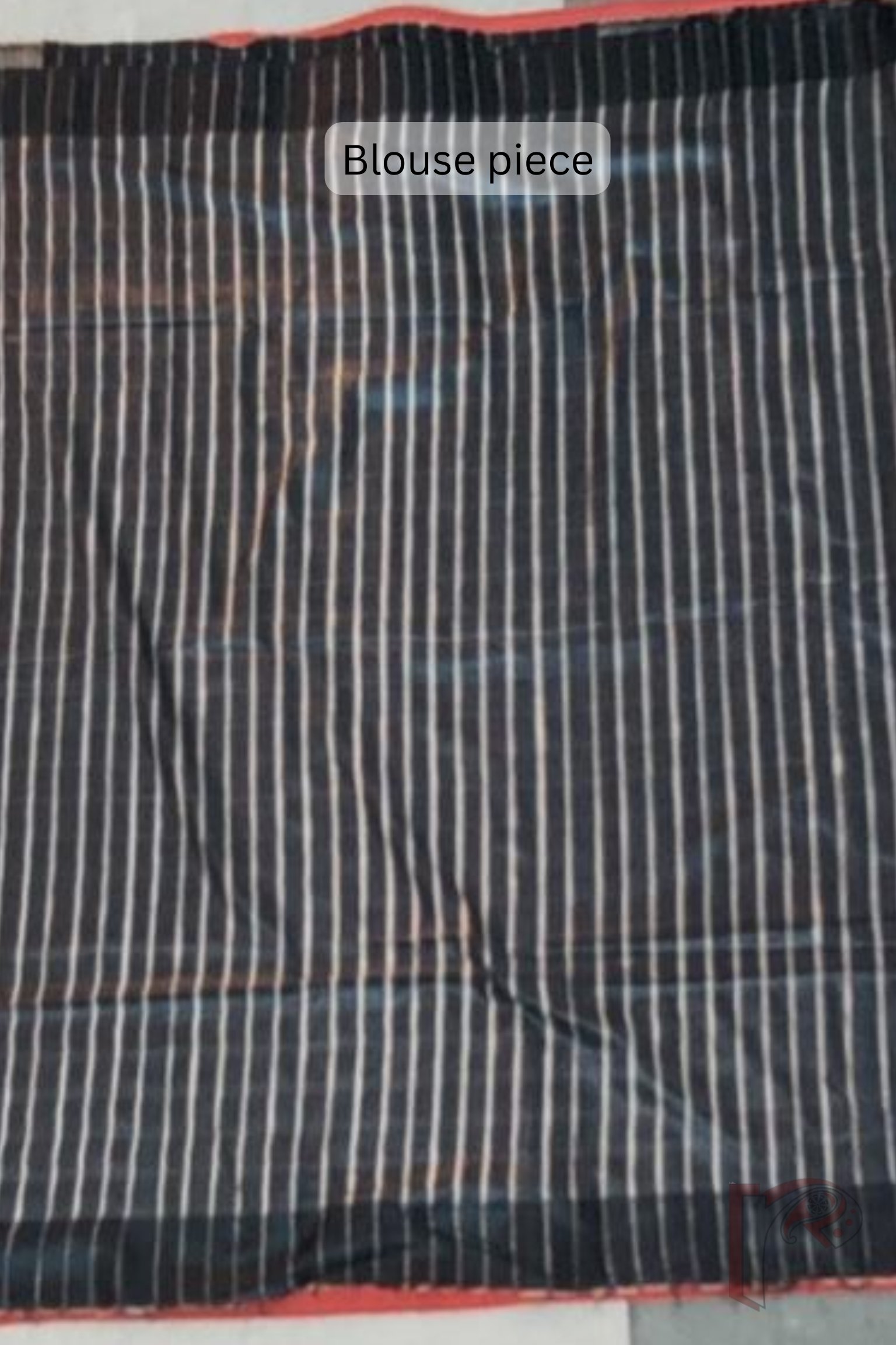 Tussar Tales - Red and Grey-Black Gicha Tussar Silk Saree with Cream Leaf Block Print and Black-Cream Pinstripe Pallu - Image 7