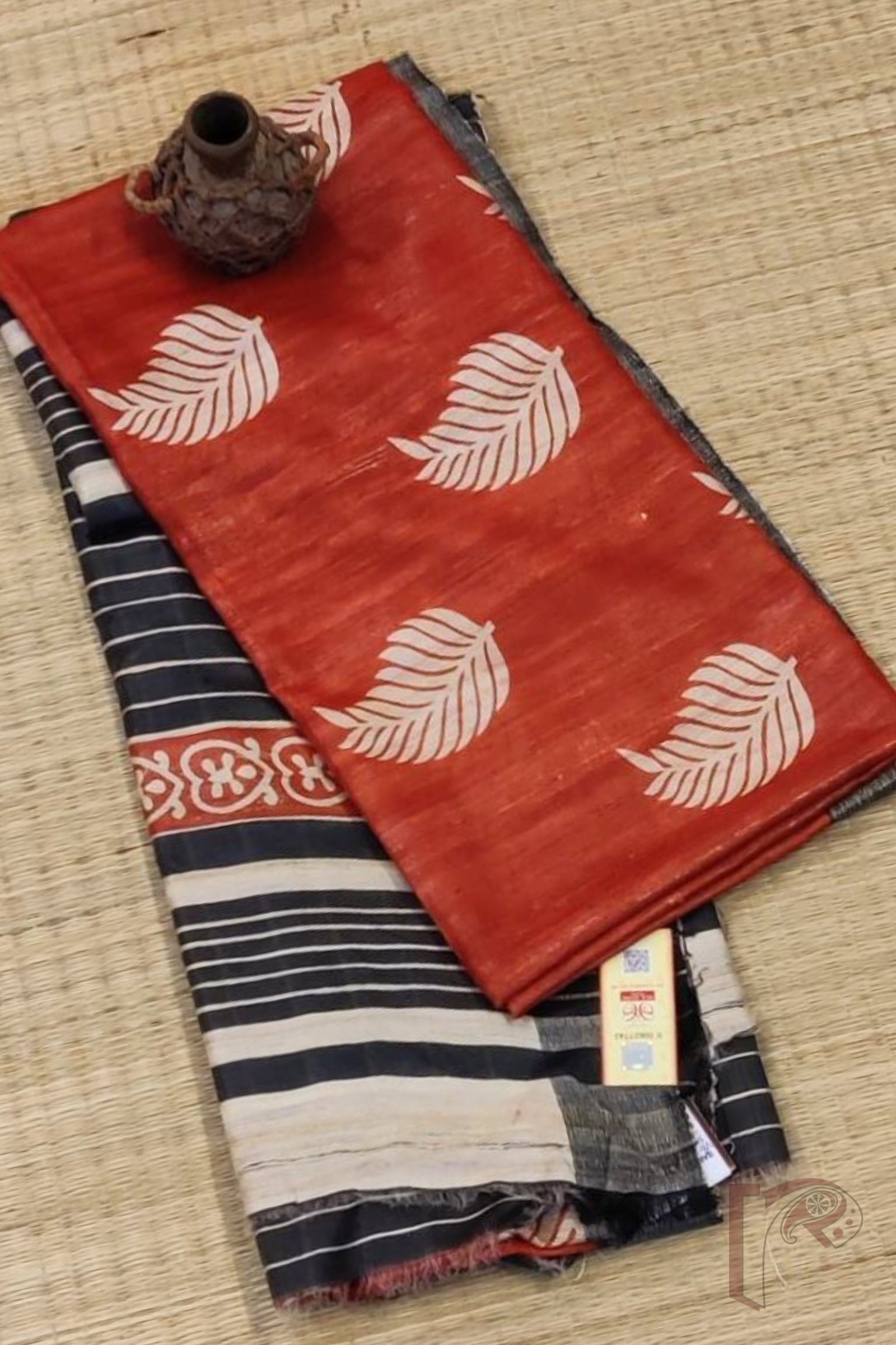 Tussar Tales - Red and Grey-Black Gicha Tussar Silk Saree with Cream Leaf Block Print and Black-Cream Pinstripe Pallu