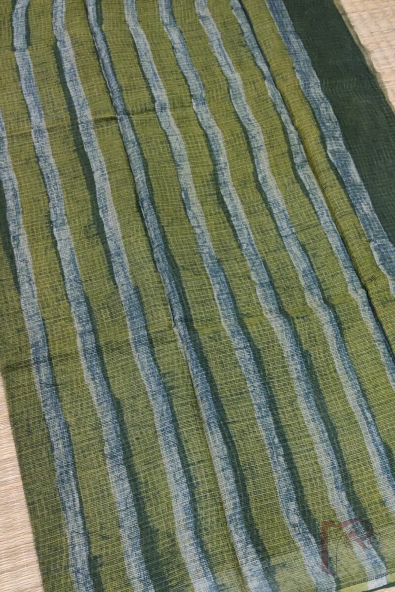 Kota Katha – Dark Green Kota Cotton Saree with White Grid Check, Striped Green Pallu, and Olive Box Print Mul Blouse - Image 3