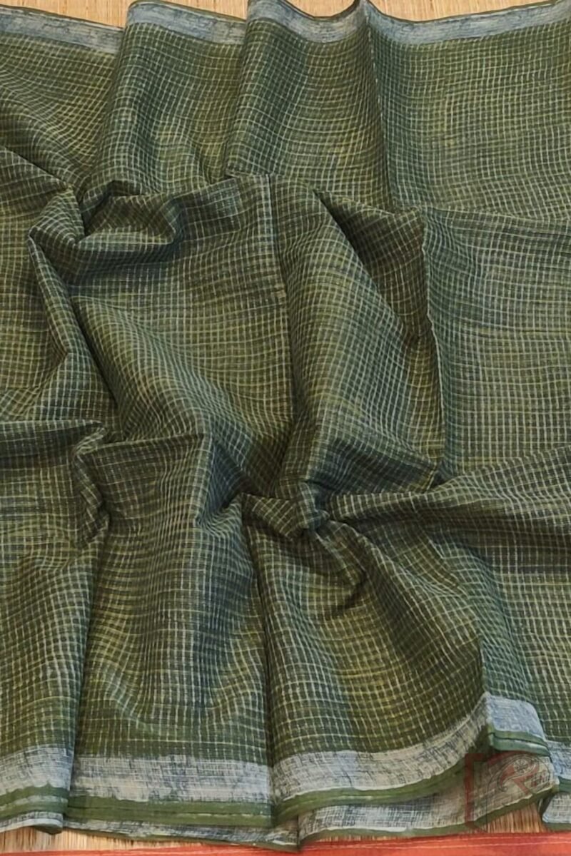 Kota Katha – Dark Green Kota Cotton Saree with White Grid Check, Striped Green Pallu, and Olive Box Print Mul Blouse - Image 5