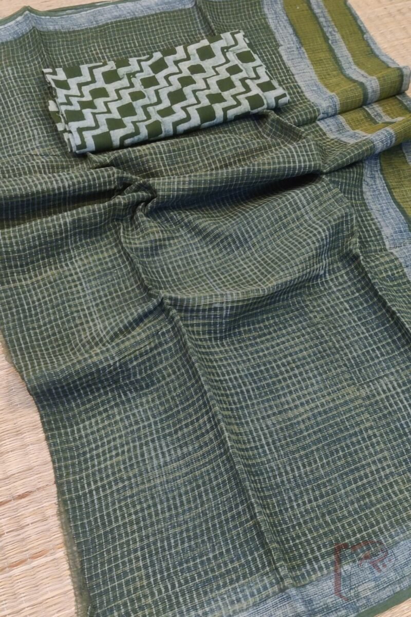 Kota Katha – Dark Green Kota Cotton Saree with White Grid Check, Striped Green Pallu, and Olive Box Print Mul Blouse - Image 6