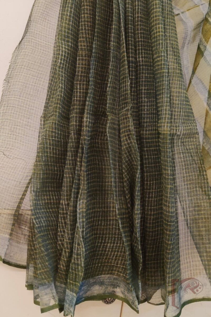 Kota Katha – Dark Green Kota Cotton Saree with White Grid Check, Striped Green Pallu, and Olive Box Print Mul Blouse - Image 7