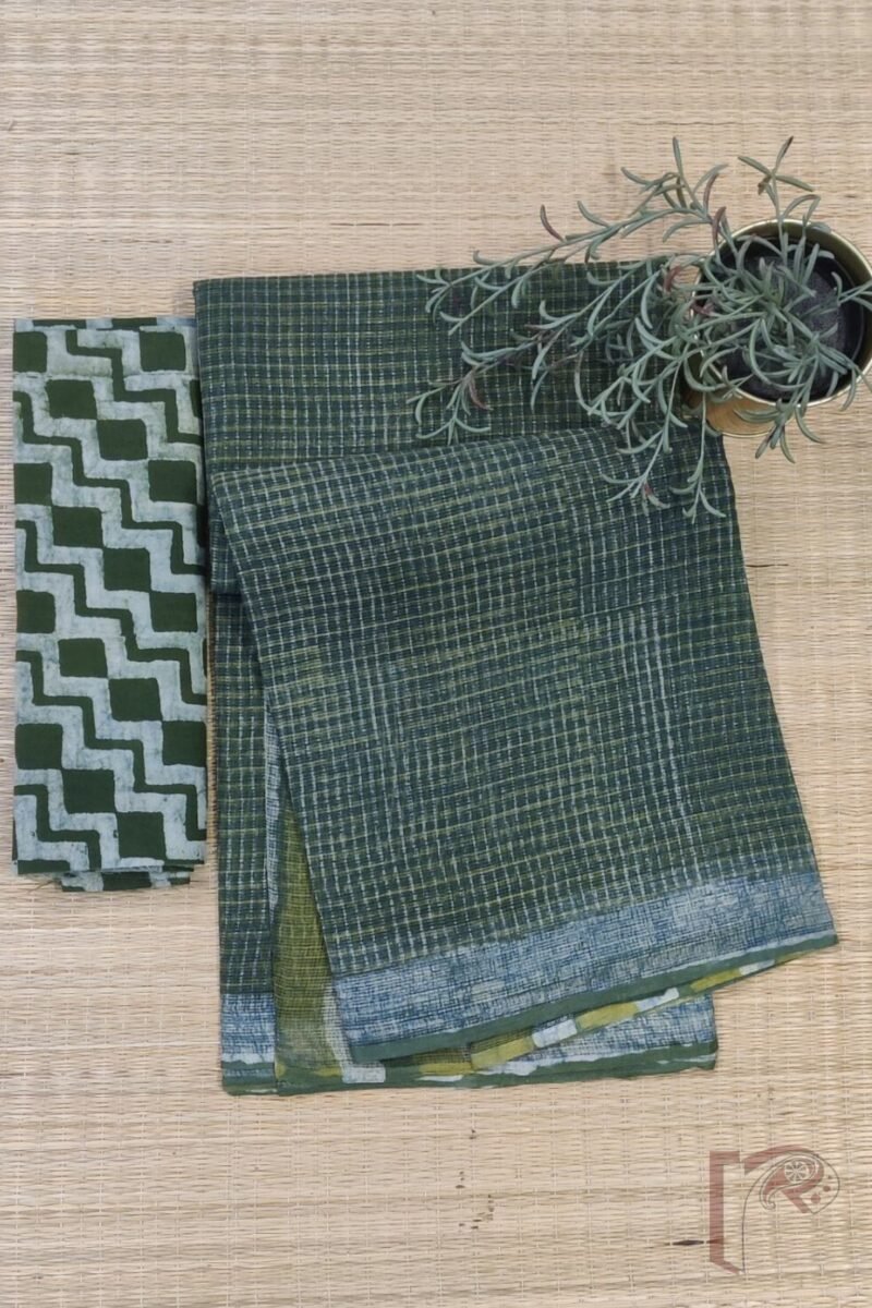 Kota Katha – Dark Green Kota Cotton Saree with White Grid Check, Striped Green Pallu, and Olive Box Print Mul Blouse