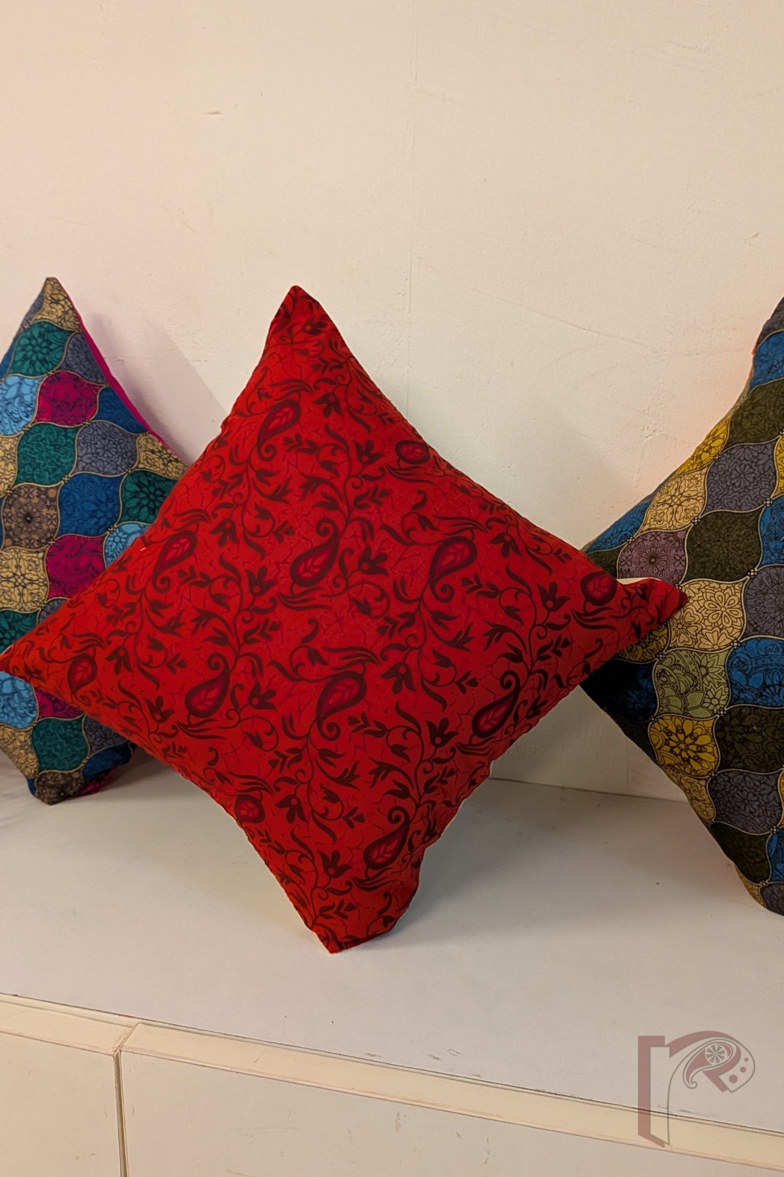 Cozy Cushion: Red Kalamkari Floral Ambi Cotton Cushion Cover 12" x 12" - Image 3