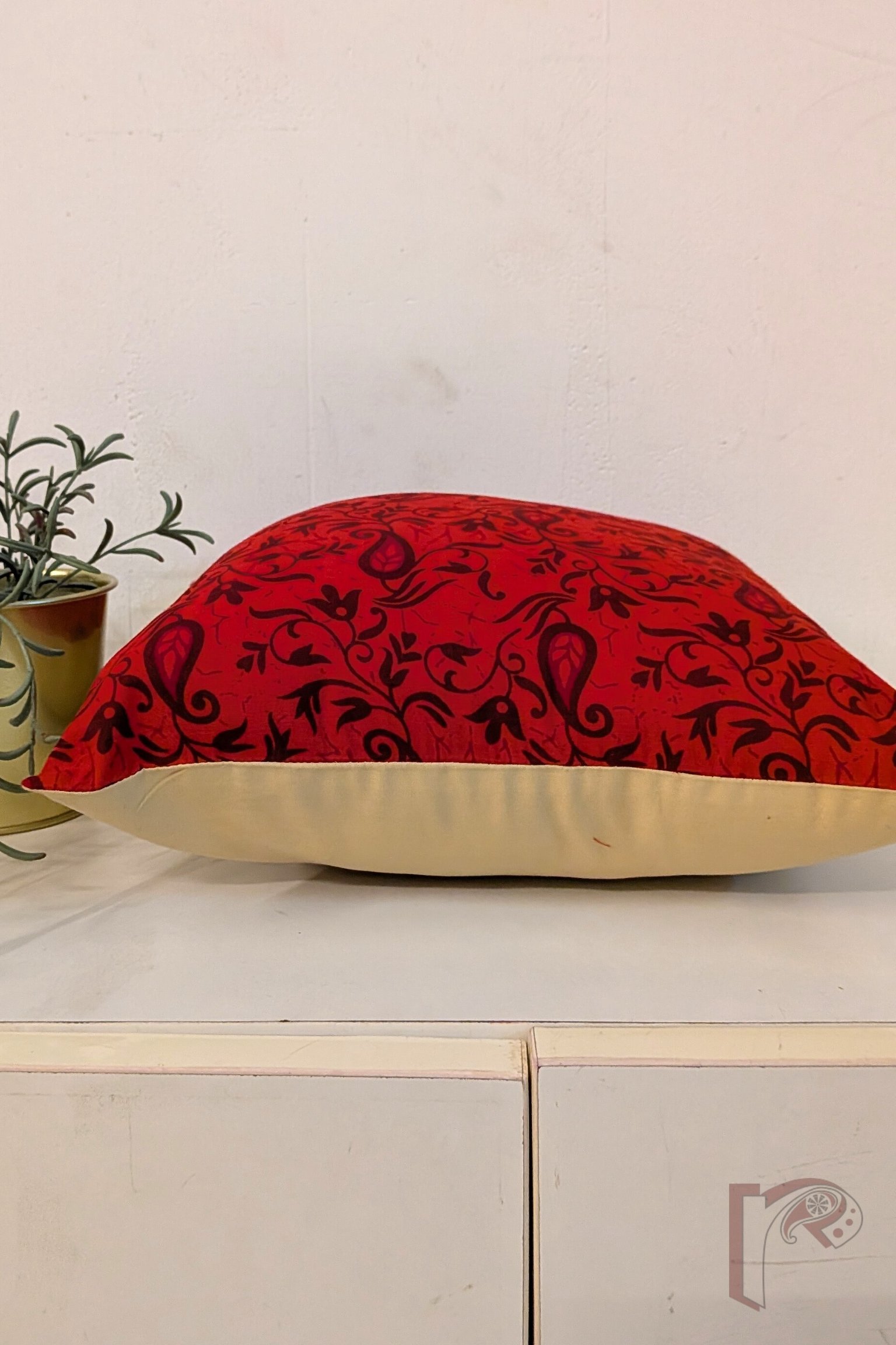 Cozy Cushion: Red Kalamkari Floral Ambi Cotton Cushion Cover 12" x 12" - Image 5
