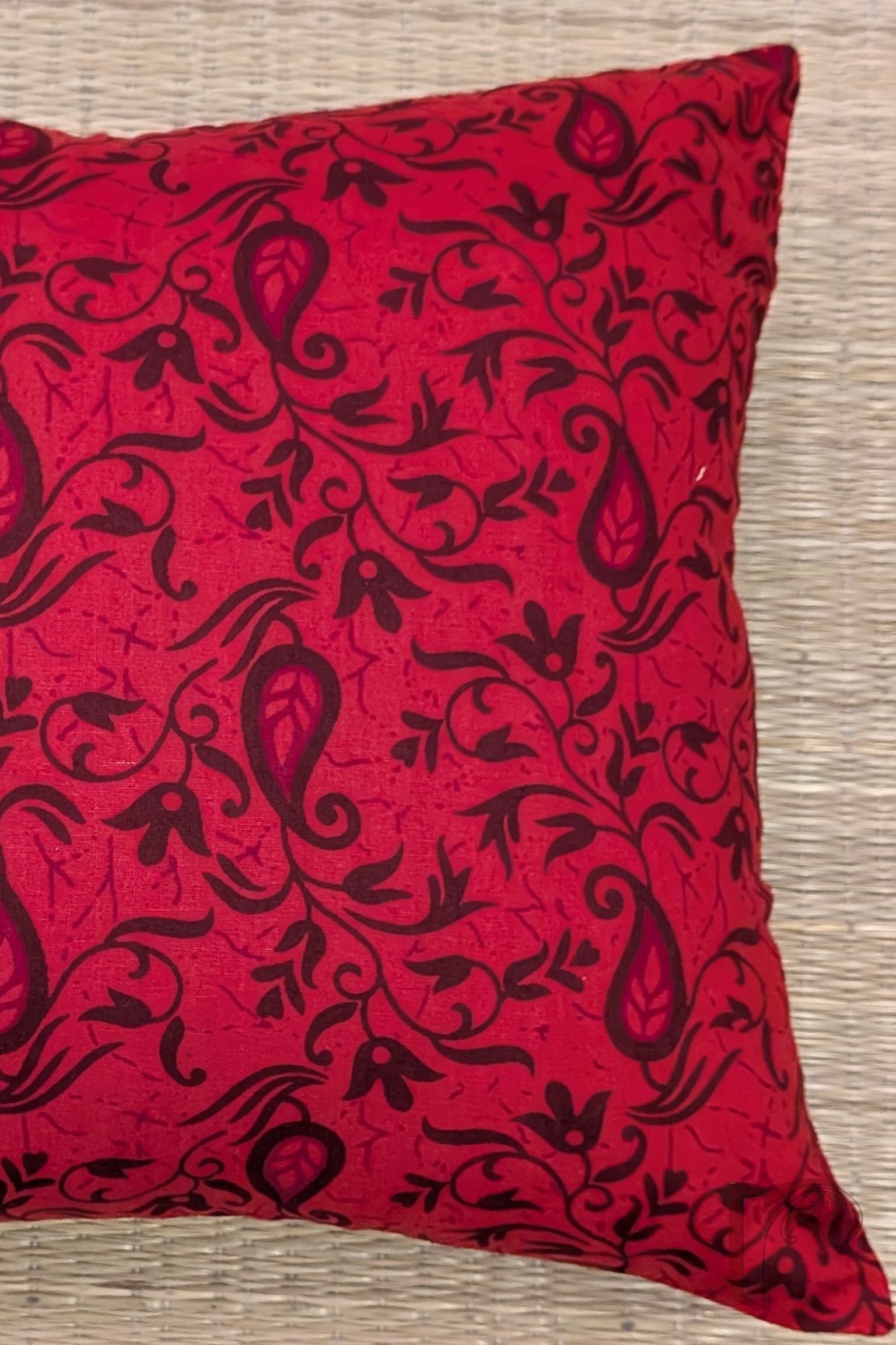 Cozy Cushion: Red Kalamkari Floral Ambi Cotton Cushion Cover 12" x 12" - Image 6