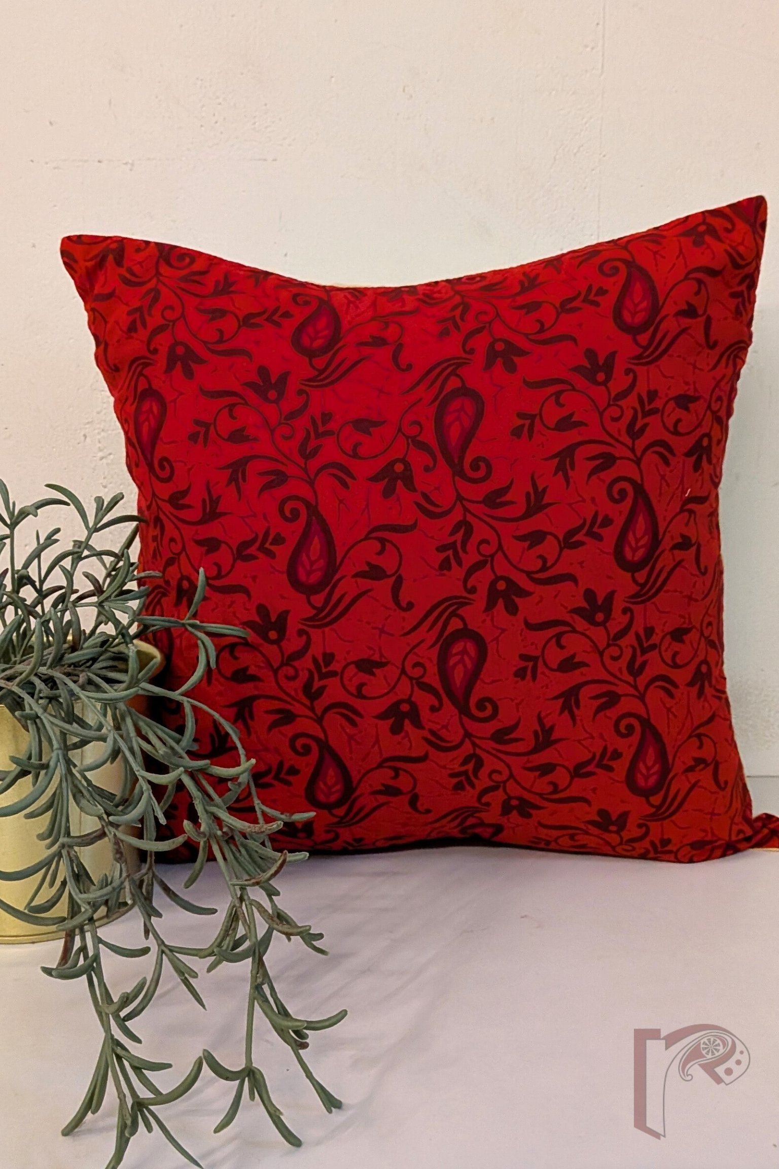 Cozy Cushion: Red Kalamkari Floral Ambi Cotton Cushion Cover 12" x 12"