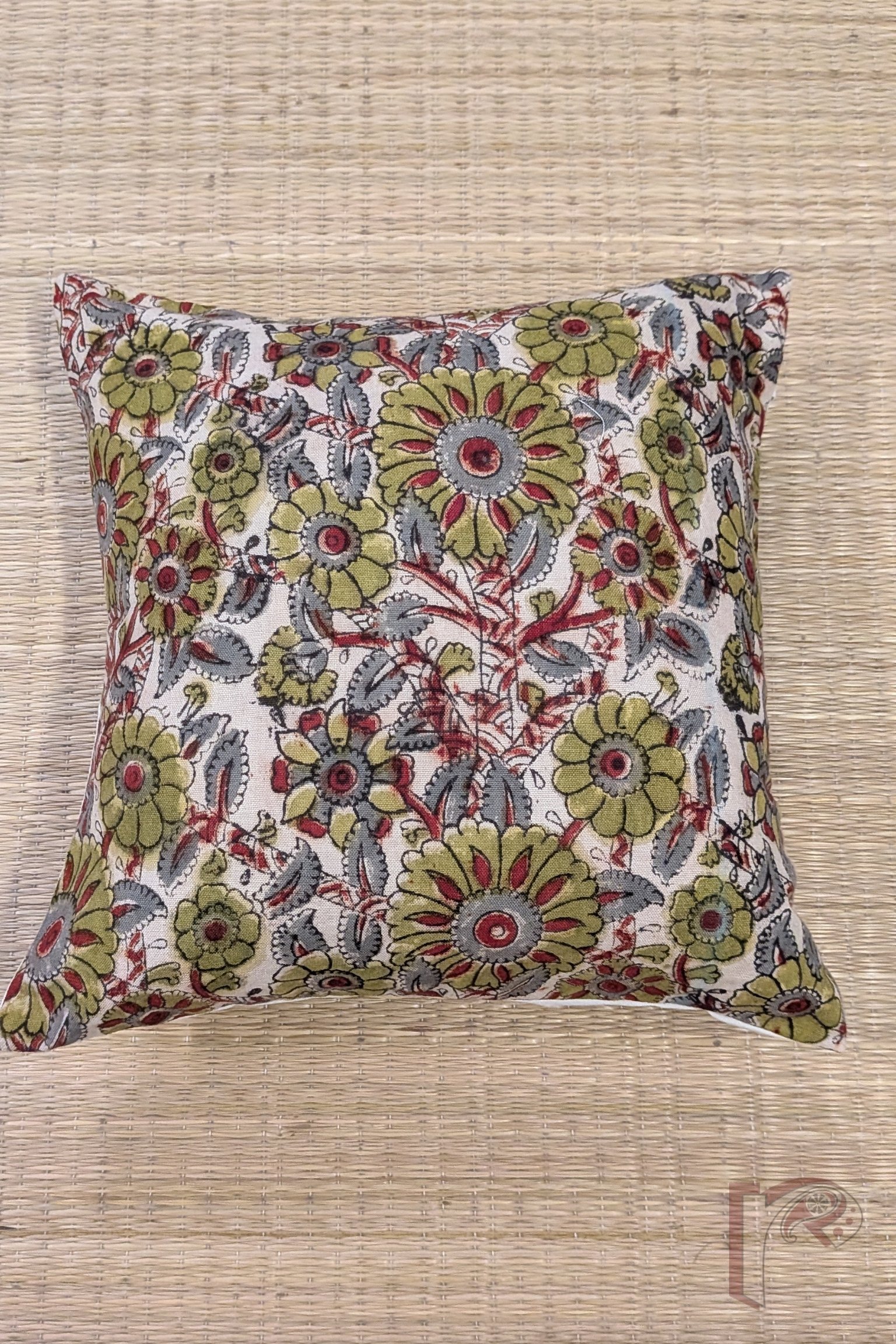 Cozy Cushion: Offwhite Kalamkari Floral Cotton Cushion Cover 12" x 12" - Image 2