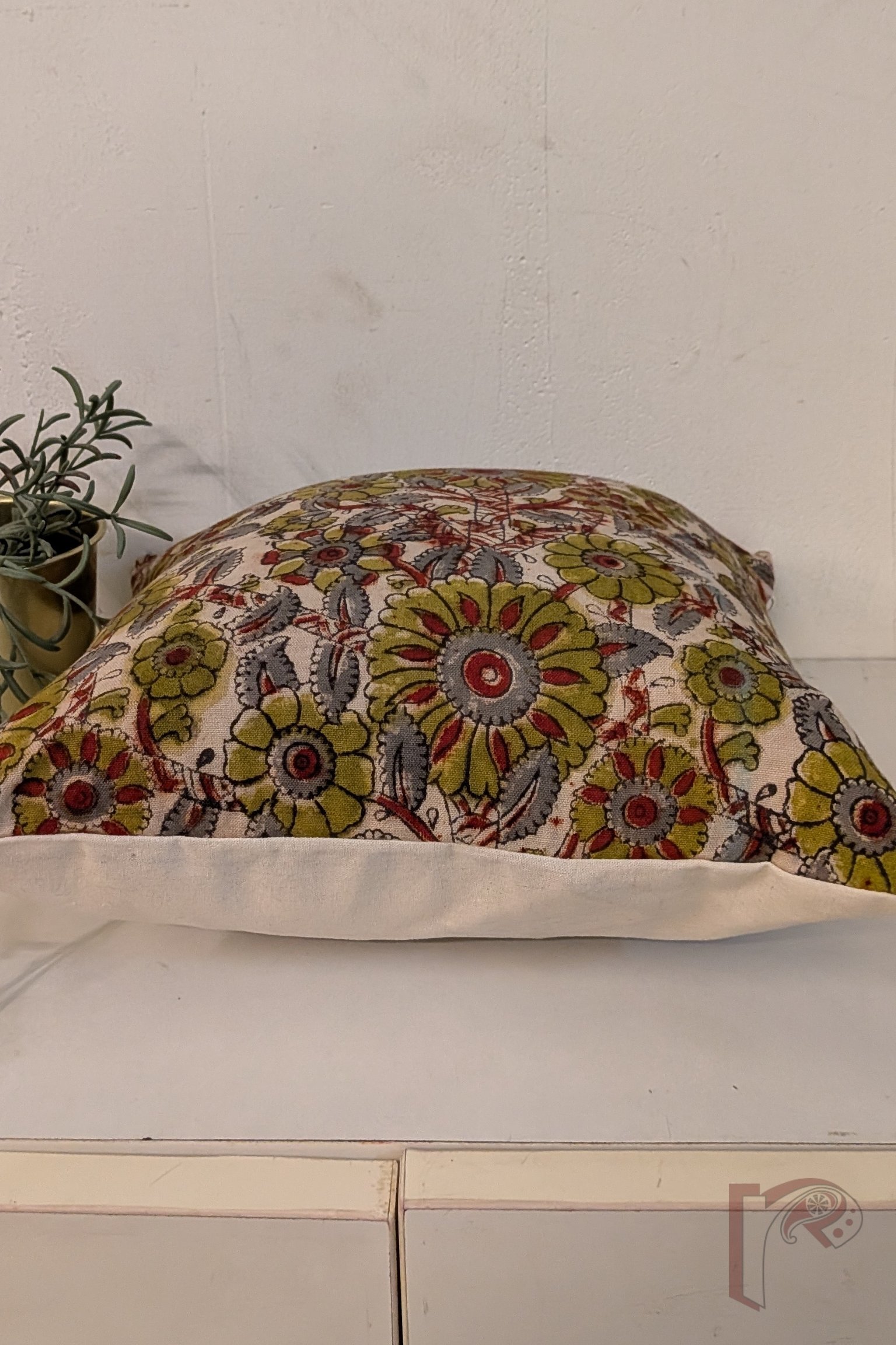 Cozy Cushion: Offwhite Kalamkari Floral Cotton Cushion Cover 12" x 12" - Image 5