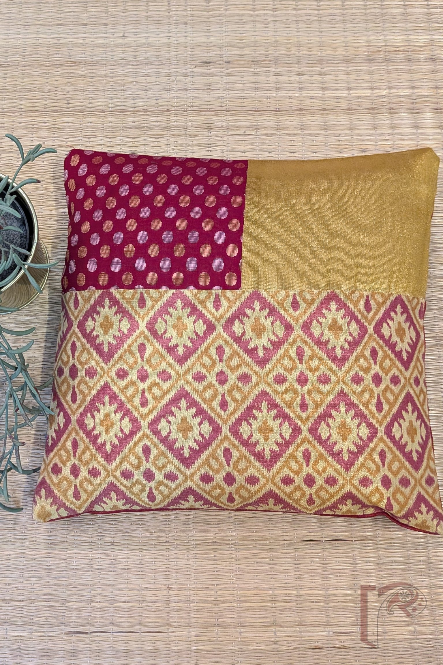 Cozy Cushion - Maroon Polka Dot Cotton Silk with Gold Tissue & Printed Tissue Raw Silk Cushion Cover 12" x 12" - Image 2