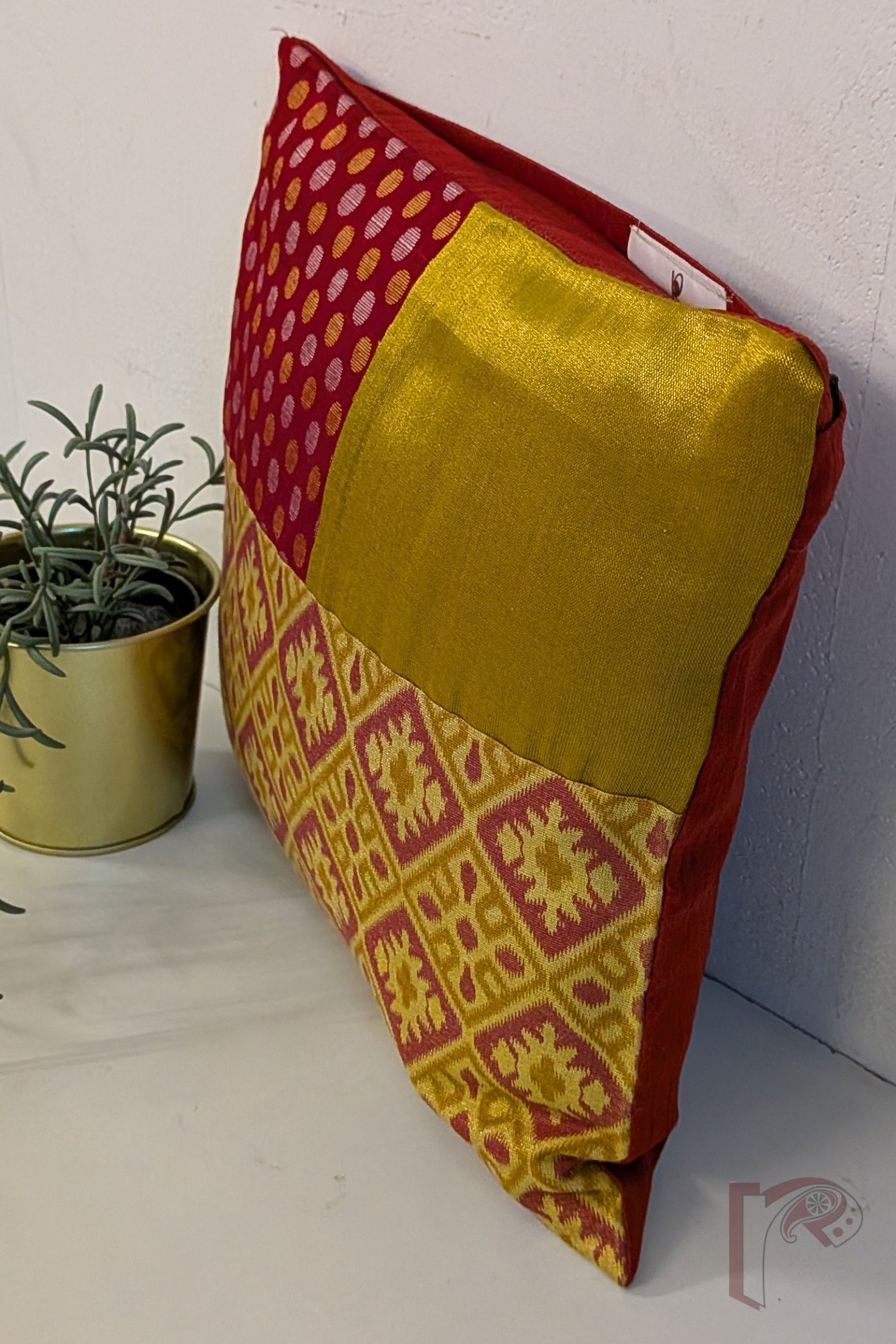Cozy Cushion - Maroon Polka Dot Cotton Silk with Gold Tissue & Printed Tissue Raw Silk Cushion Cover 12" x 12" - Image 3