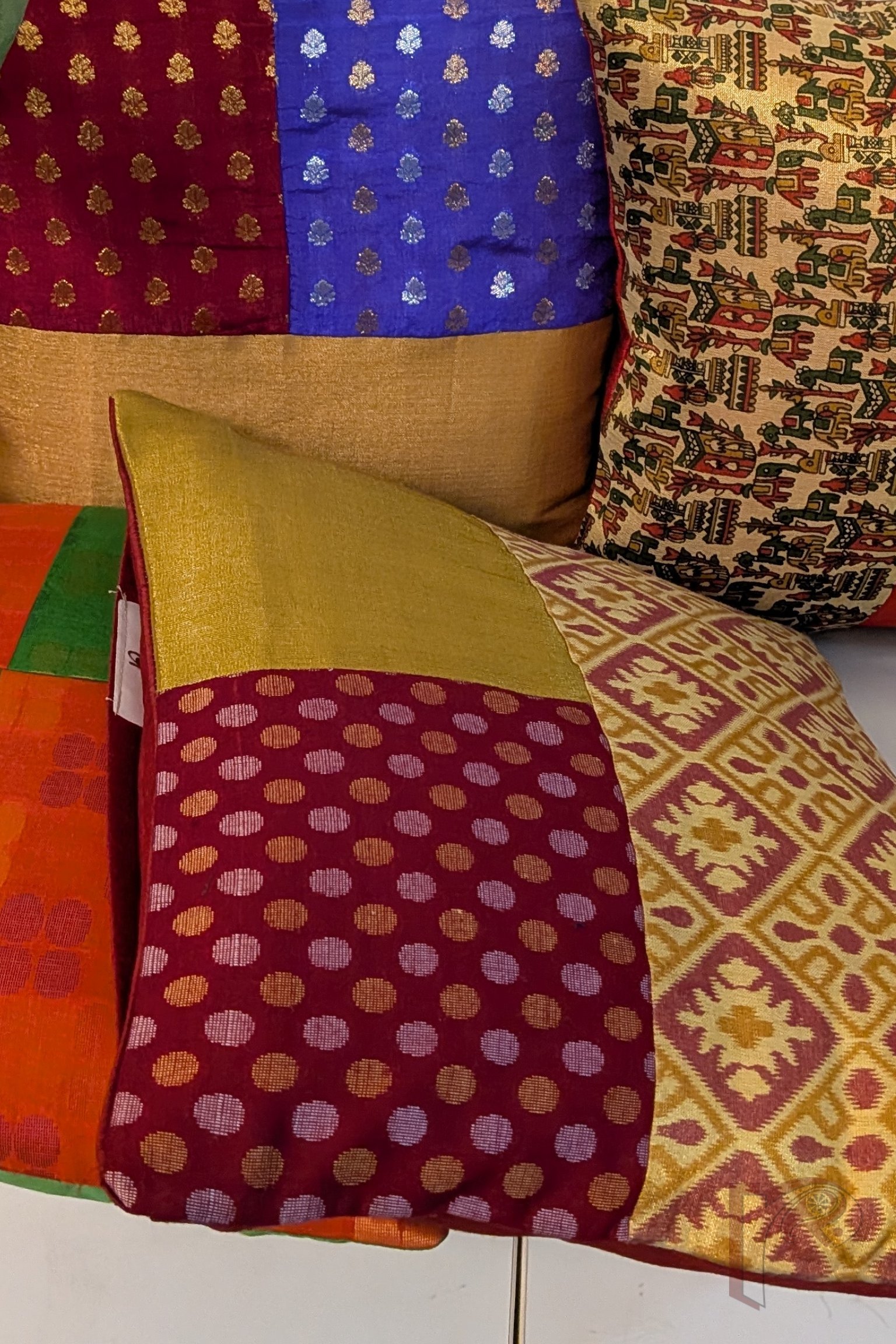 Cozy Cushion - Maroon Polka Dot Cotton Silk with Gold Tissue & Printed Tissue Raw Silk Cushion Cover 12" x 12" - Image 4