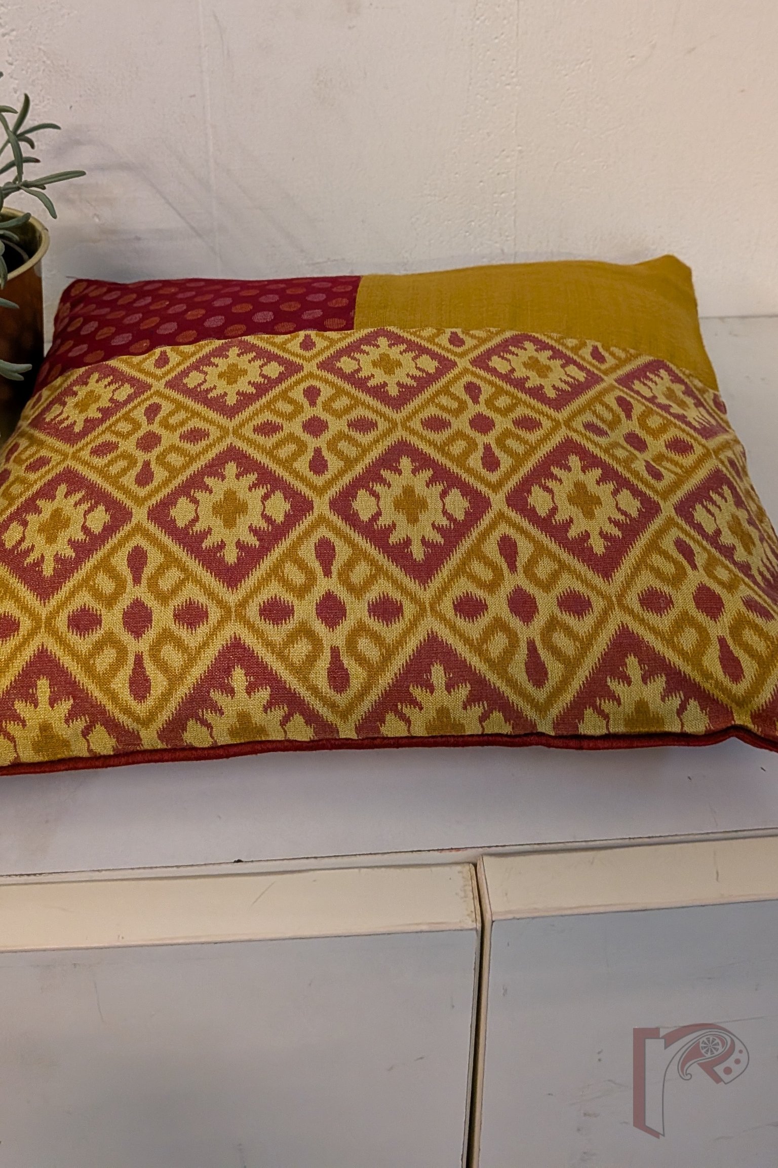 Cozy Cushion - Maroon Polka Dot Cotton Silk with Gold Tissue & Printed Tissue Raw Silk Cushion Cover 12" x 12" - Image 5