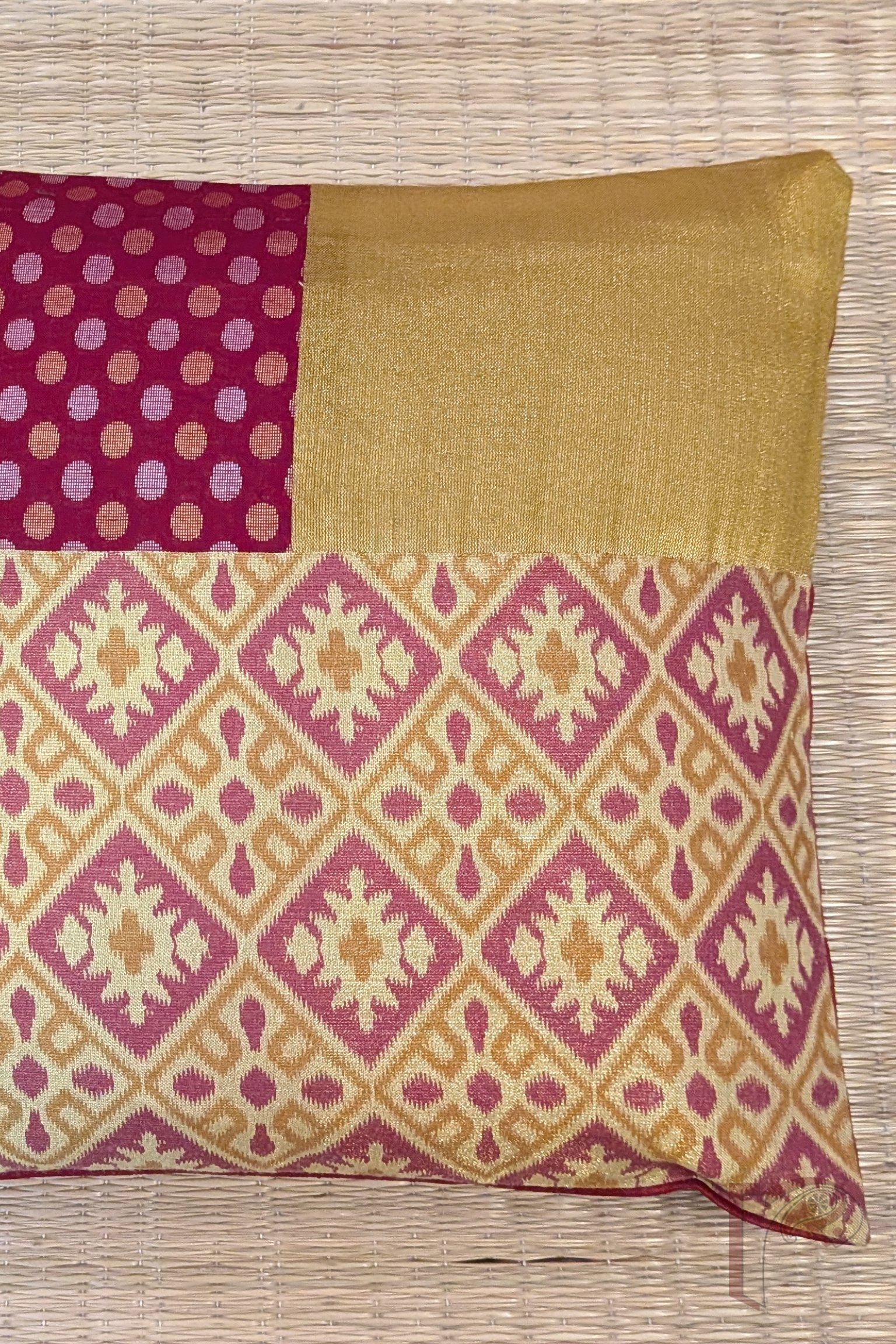 Cozy Cushion - Maroon Polka Dot Cotton Silk with Gold Tissue & Printed Tissue Raw Silk Cushion Cover 12" x 12" - Image 6