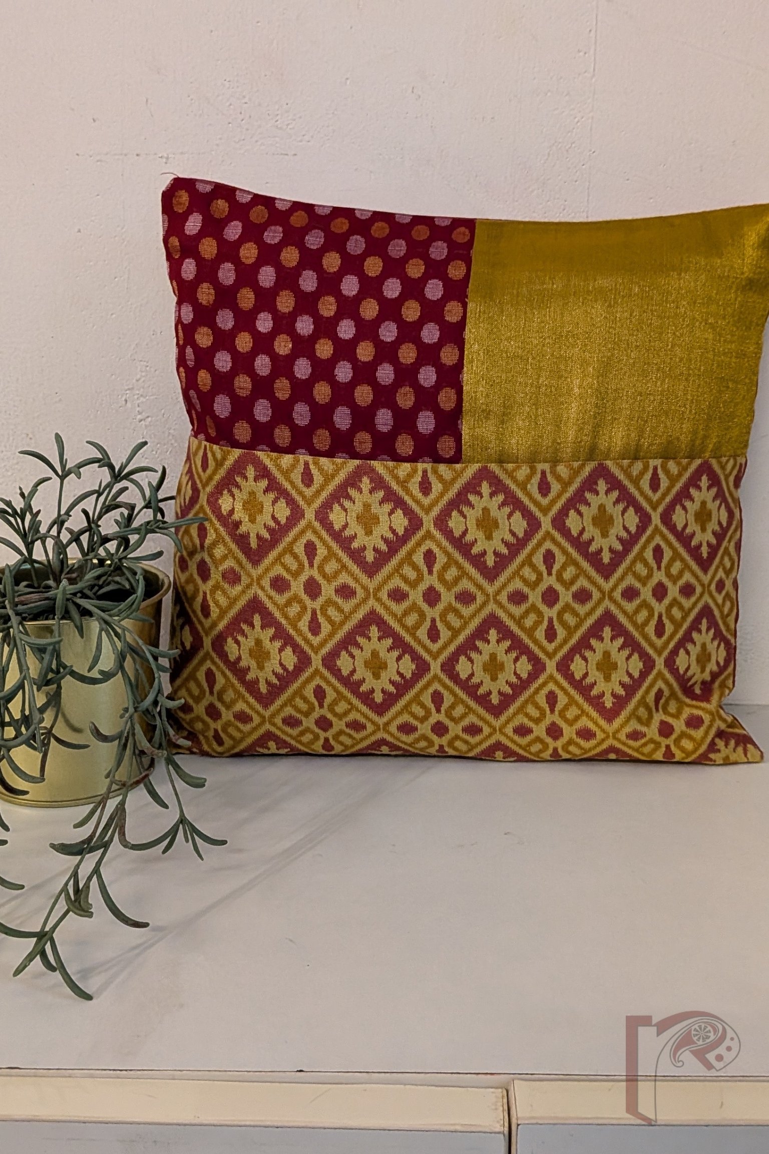 Cozy Cushion - Maroon Polka Dot Cotton Silk with Gold Tissue & Printed Tissue Raw Silk Cushion Cover 12" x 12"