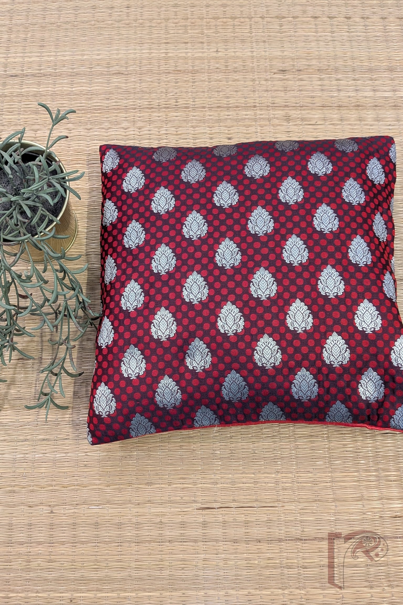 Cozy Cushion - Maroon Satin Silk Banarasi with Red Polka Dots & Silver Booties Cushion Cover 12" x 12" - Image 2