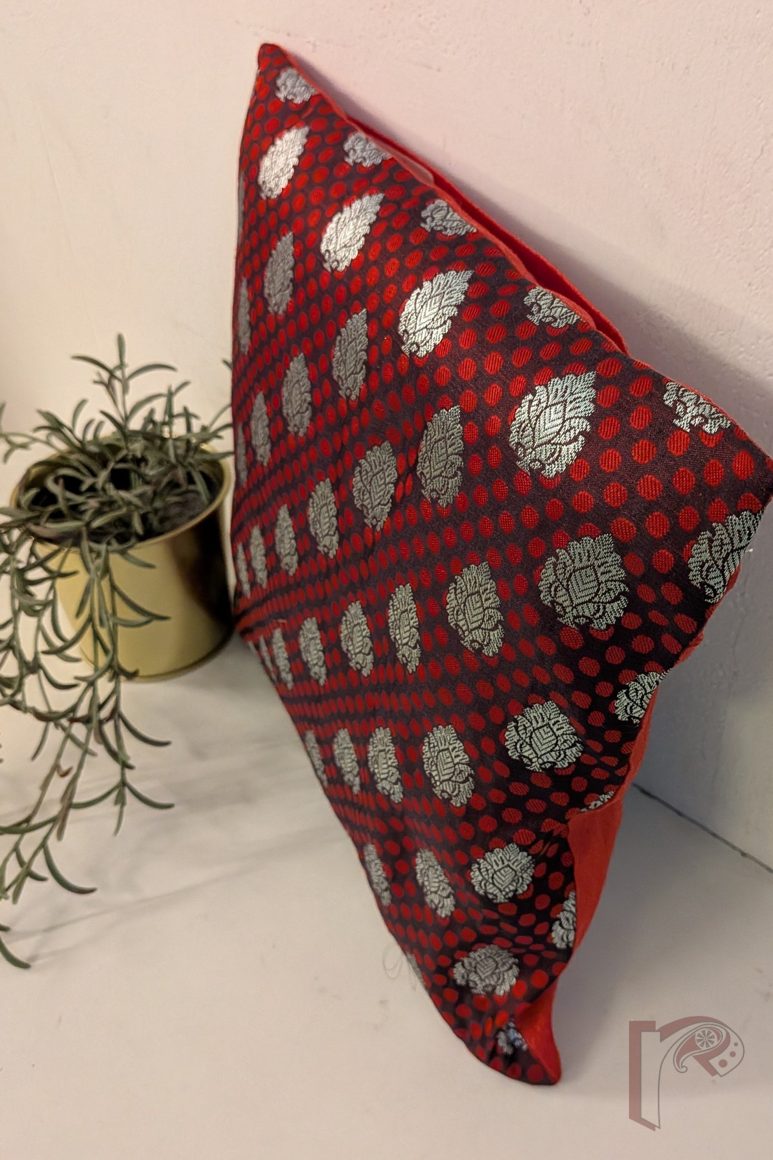 Cozy Cushion - Maroon Satin Silk Banarasi with Red Polka Dots & Silver Booties Cushion Cover 12" x 12" - Image 3