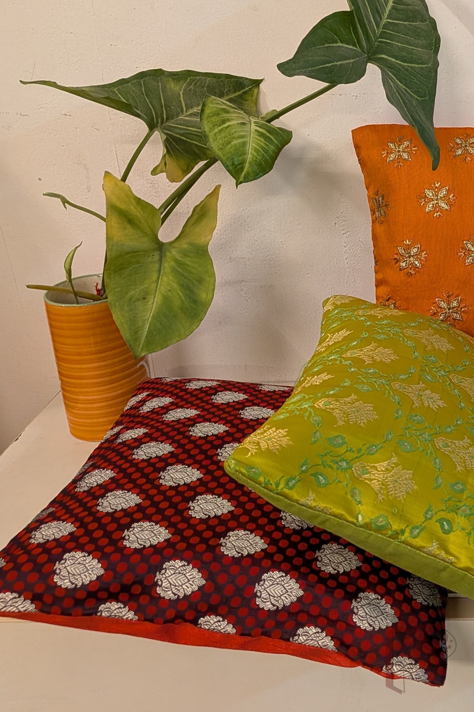 Cozy Cushion - Maroon Satin Silk Banarasi with Red Polka Dots & Silver Booties Cushion Cover 12" x 12" - Image 4