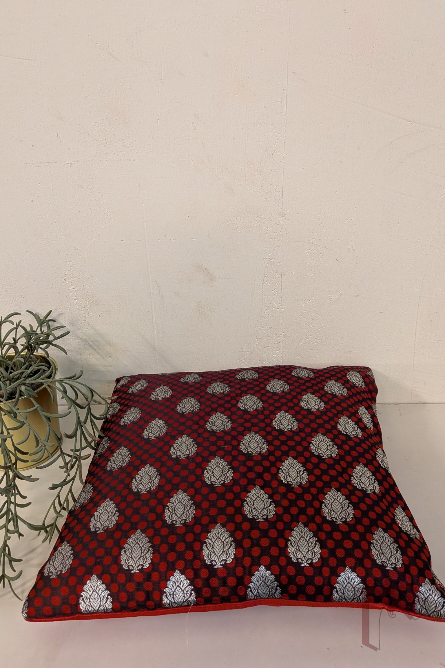 Cozy Cushion - Maroon Satin Silk Banarasi with Red Polka Dots & Silver Booties Cushion Cover 12" x 12" - Image 5