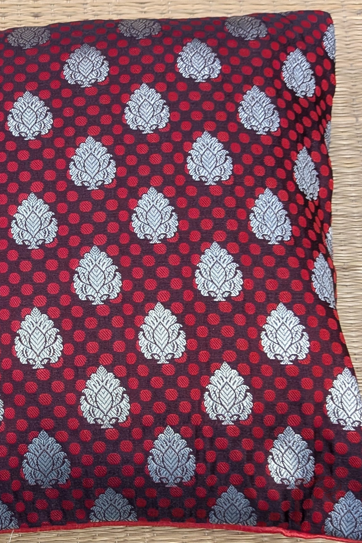 Cozy Cushion - Maroon Satin Silk Banarasi with Red Polka Dots & Silver Booties Cushion Cover 12" x 12" - Image 6