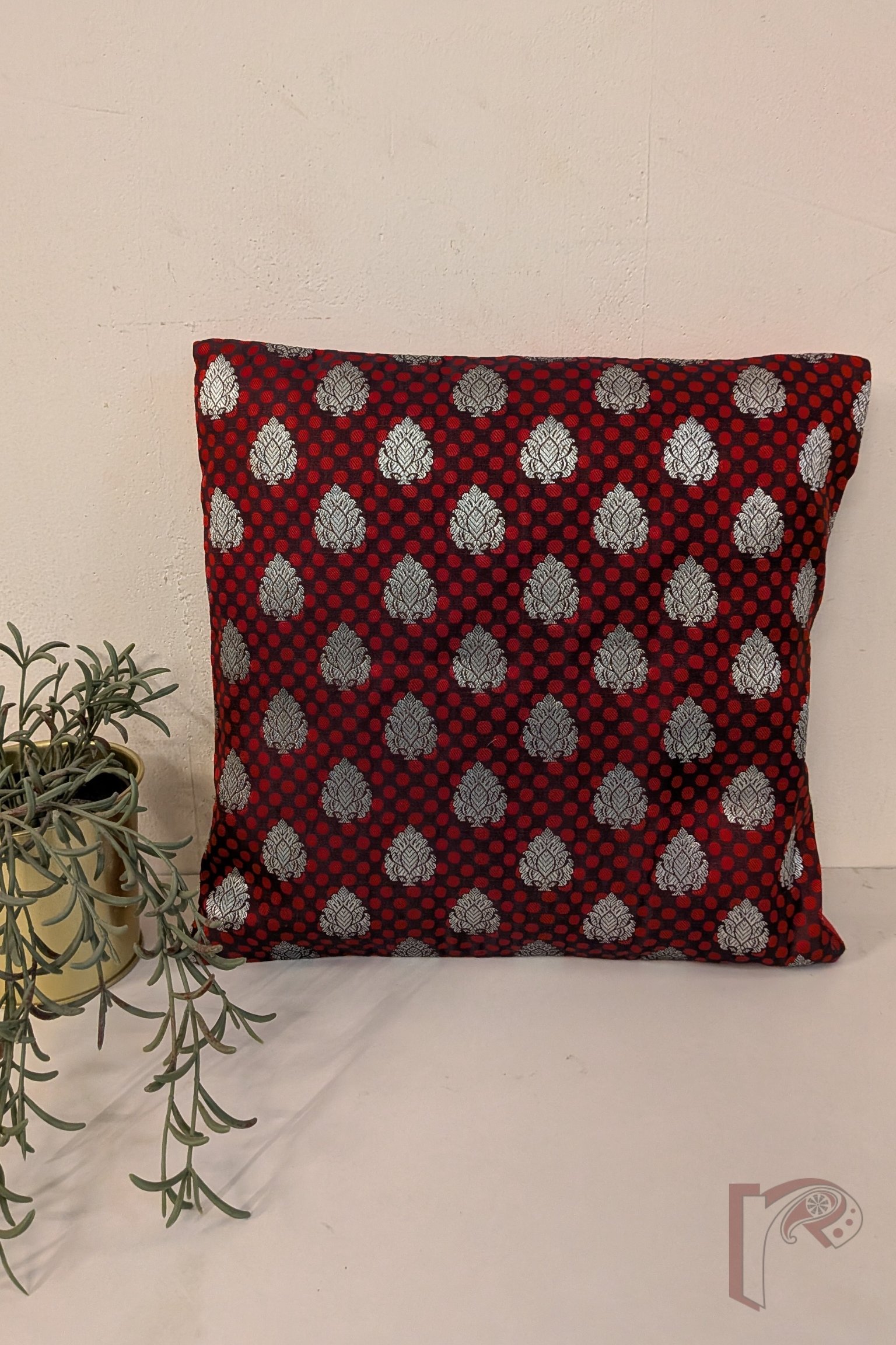 Cozy Cushion - Maroon Satin Silk Banarasi with Red Polka Dots & Silver Booties Cushion Cover 12" x 12"