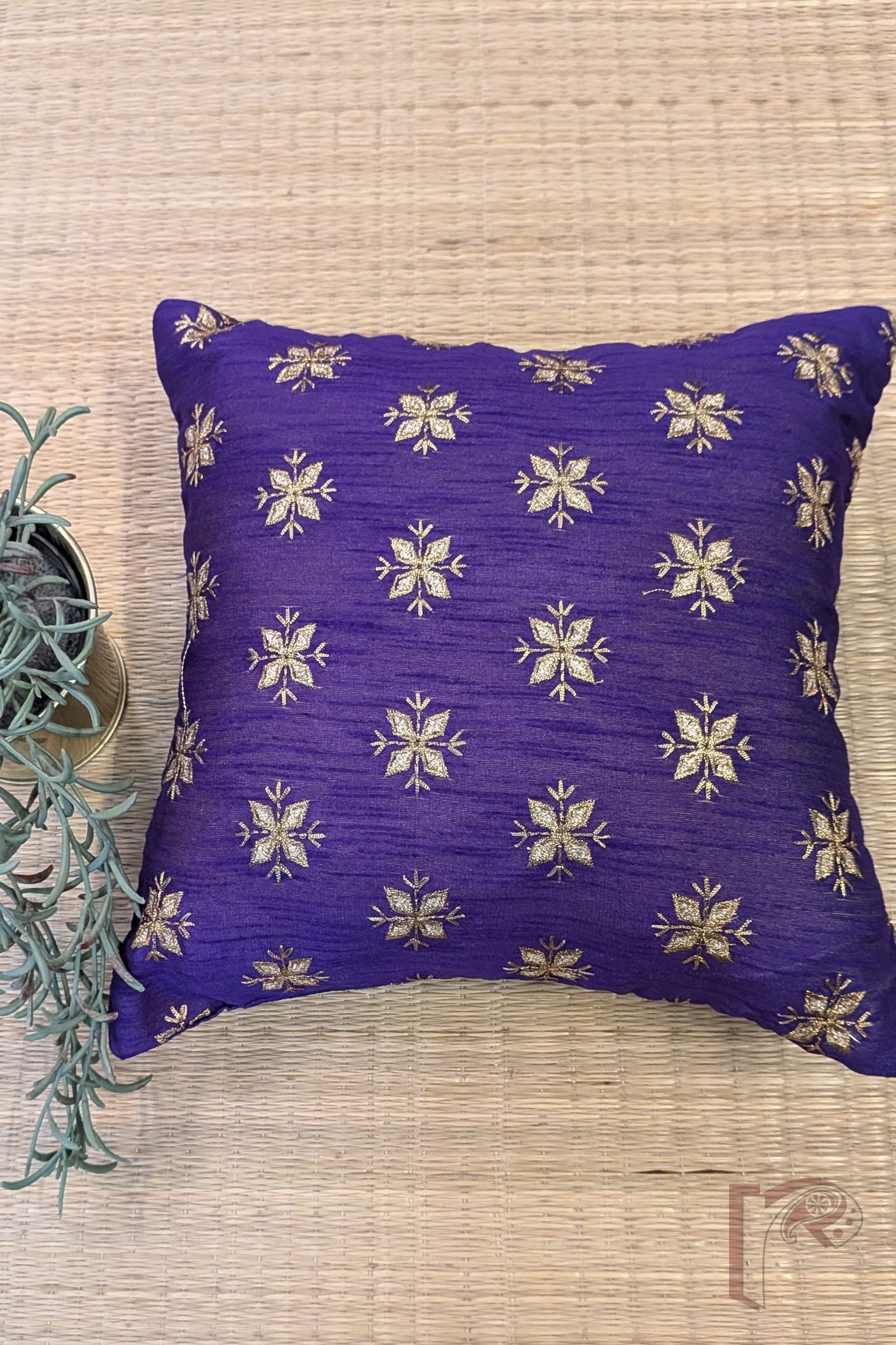 Cozy Cushion - Purple Raw Silk with Gota Patti Flower Booti Cushion Cover 12" x 12" - Image 2