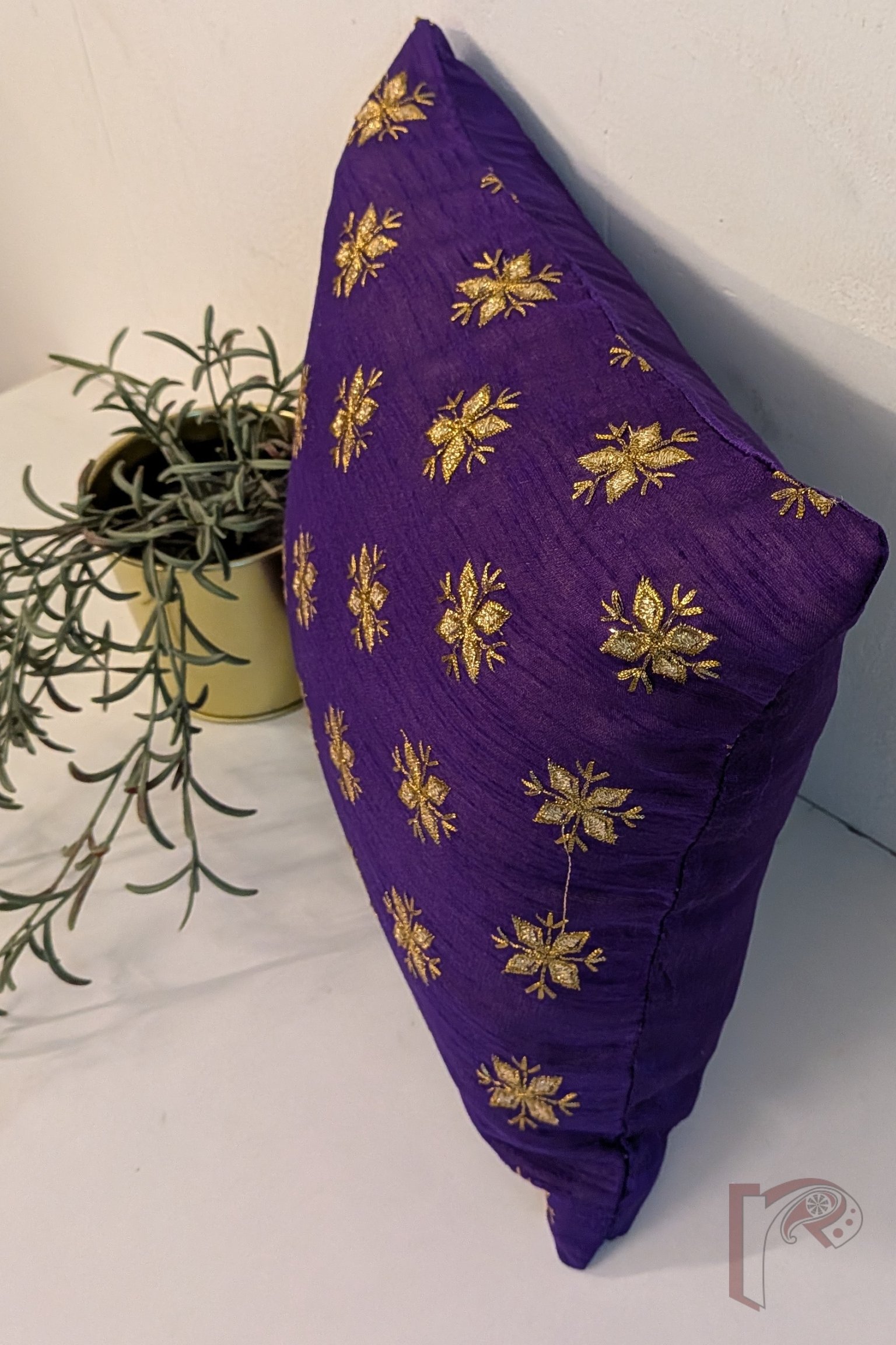 Cozy Cushion - Purple Raw Silk with Gota Patti Flower Booti Cushion Cover 12" x 12" - Image 3