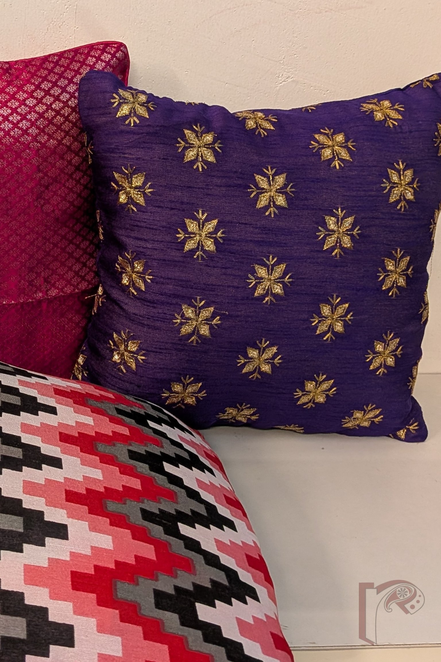 Cozy Cushion - Purple Raw Silk with Gota Patti Flower Booti Cushion Cover 12" x 12" - Image 4