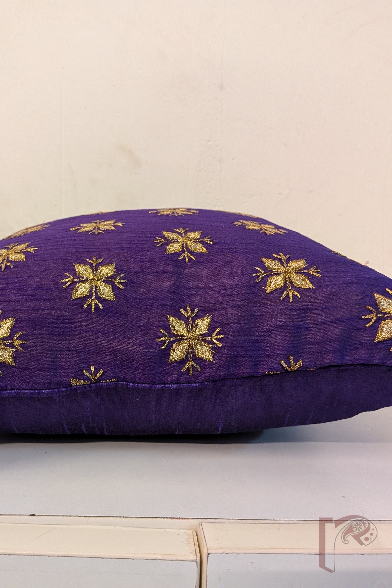 Cozy Cushion - Purple Raw Silk with Gota Patti Flower Booti Cushion Cover 12" x 12" - Image 5