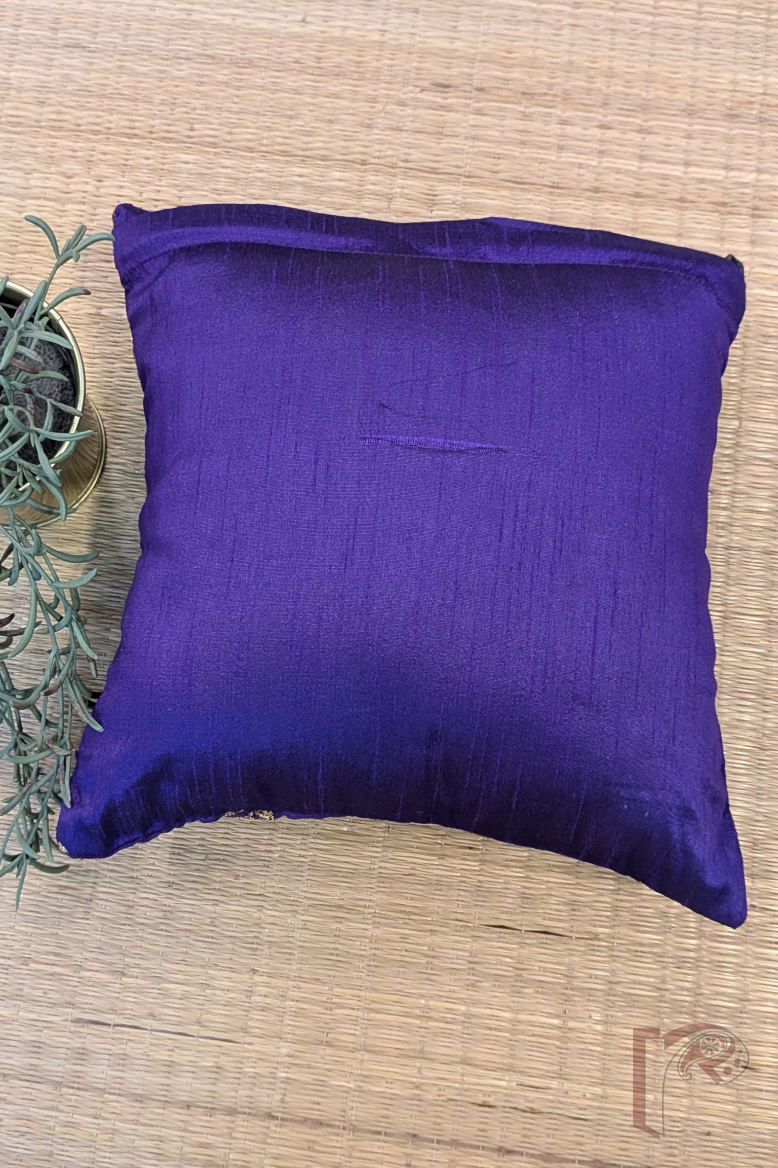 Cozy Cushion - Purple Raw Silk with Gota Patti Flower Booti Cushion Cover 12" x 12" - Image 7