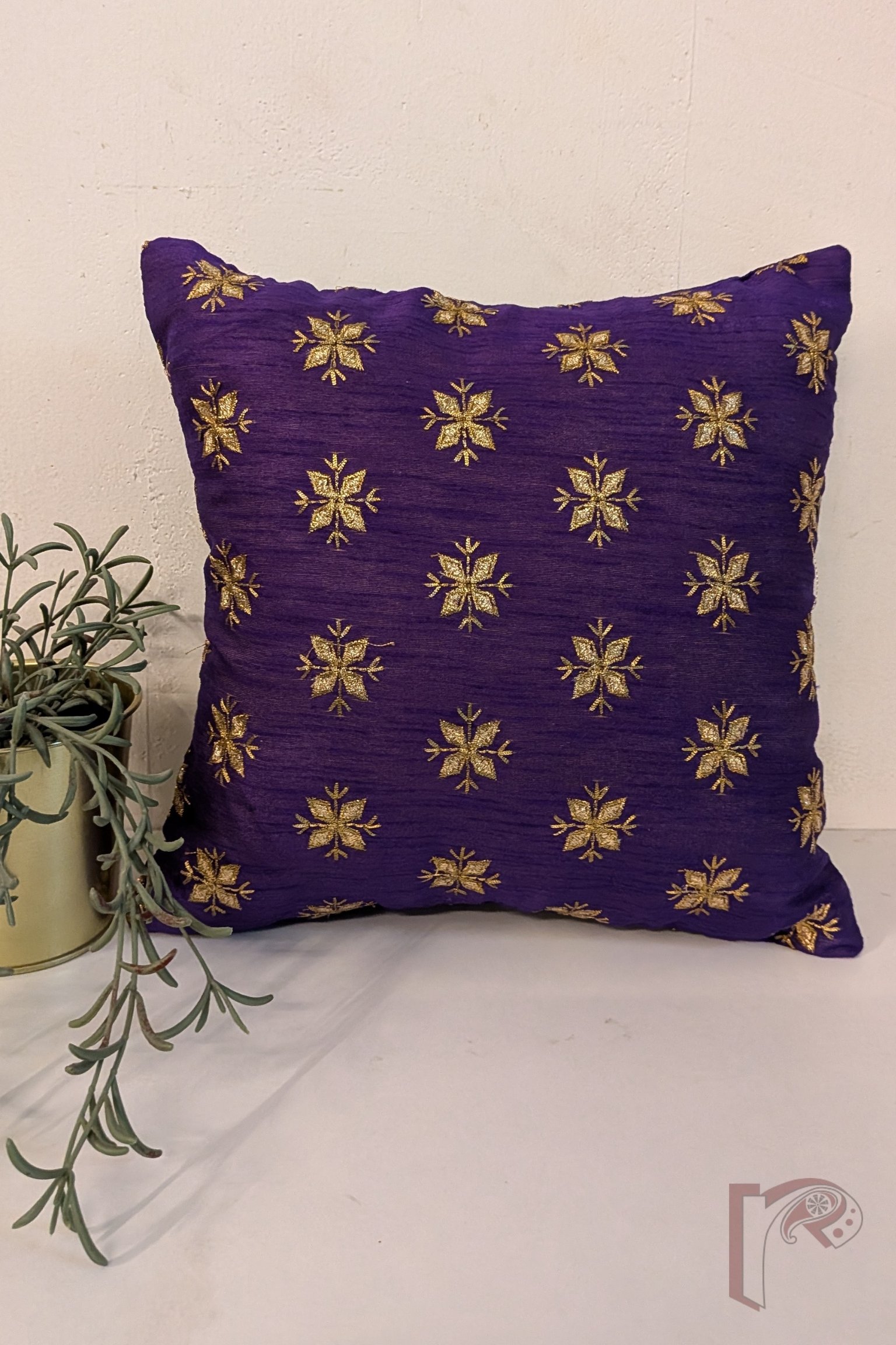 Cozy Cushion - Purple Raw Silk with Gota Patti Flower Booti Cushion Cover 12" x 12"