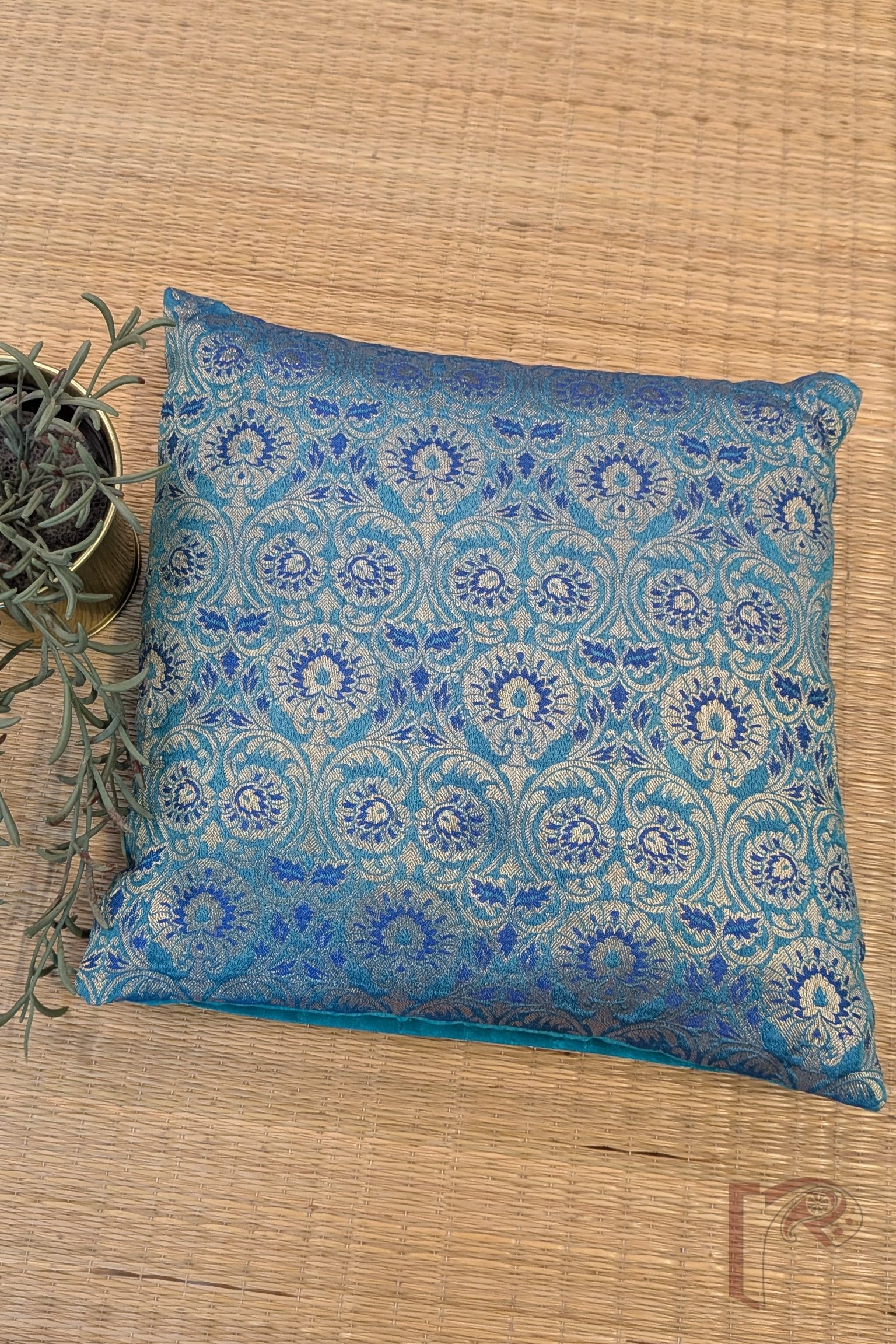 Cozy Cushion - Blue, Cobalt & Purplish Banarasi Weave Raw Silk Cushion Cover 12" x 12" - Image 2
