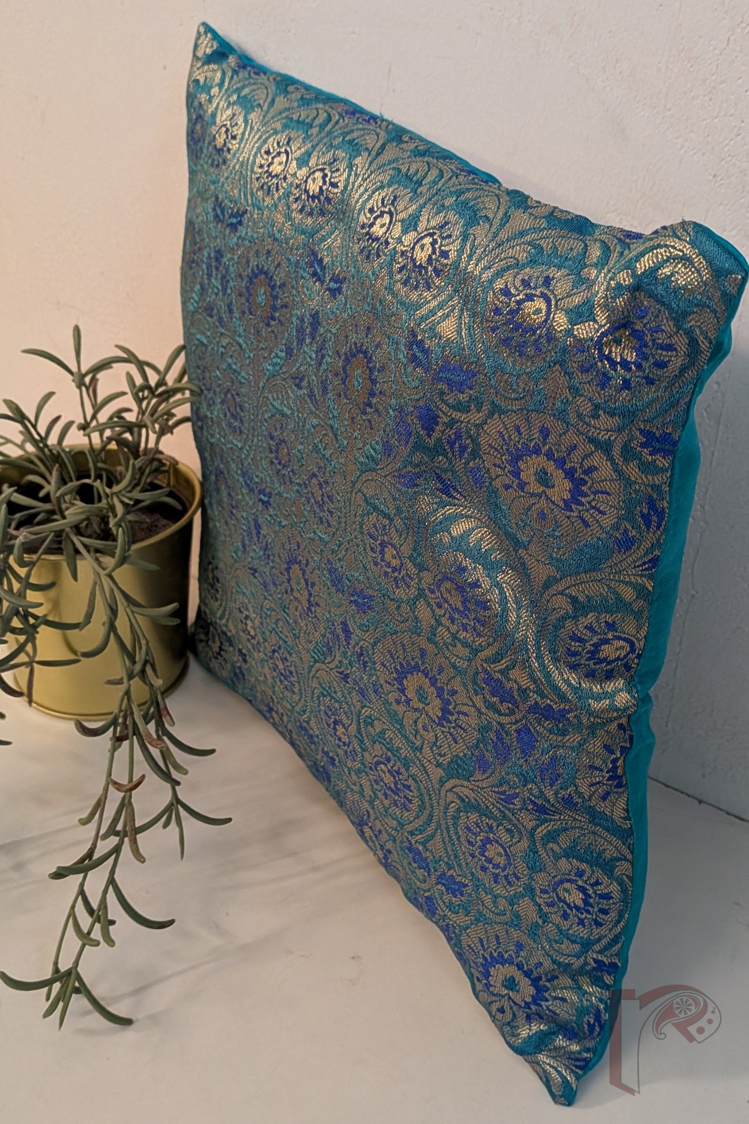 Cozy Cushion - Blue, Cobalt & Purplish Banarasi Weave Raw Silk Cushion Cover 12" x 12" - Image 3
